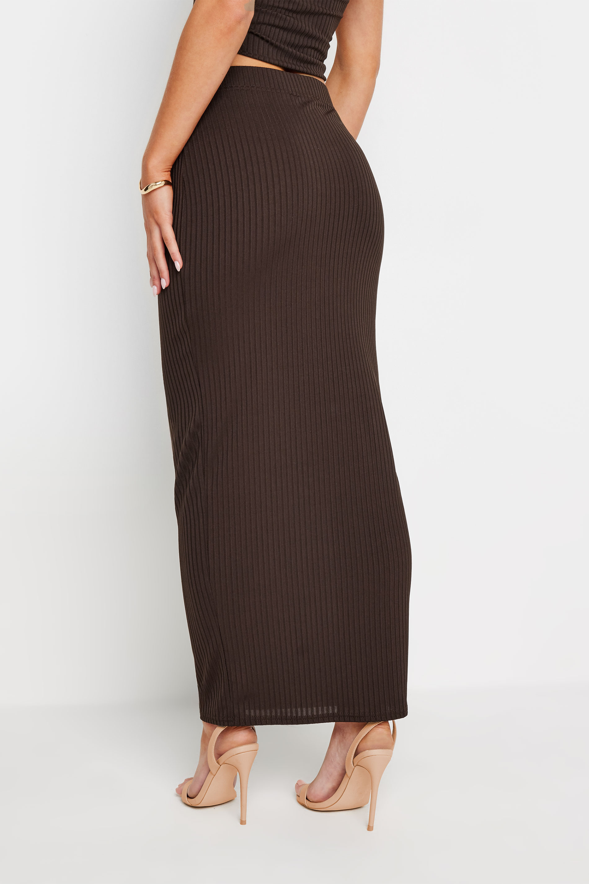 PixieGirl Petite Women's Chocolate Brown Ribbed Maxi Tube Skirt | PixieGirl 2