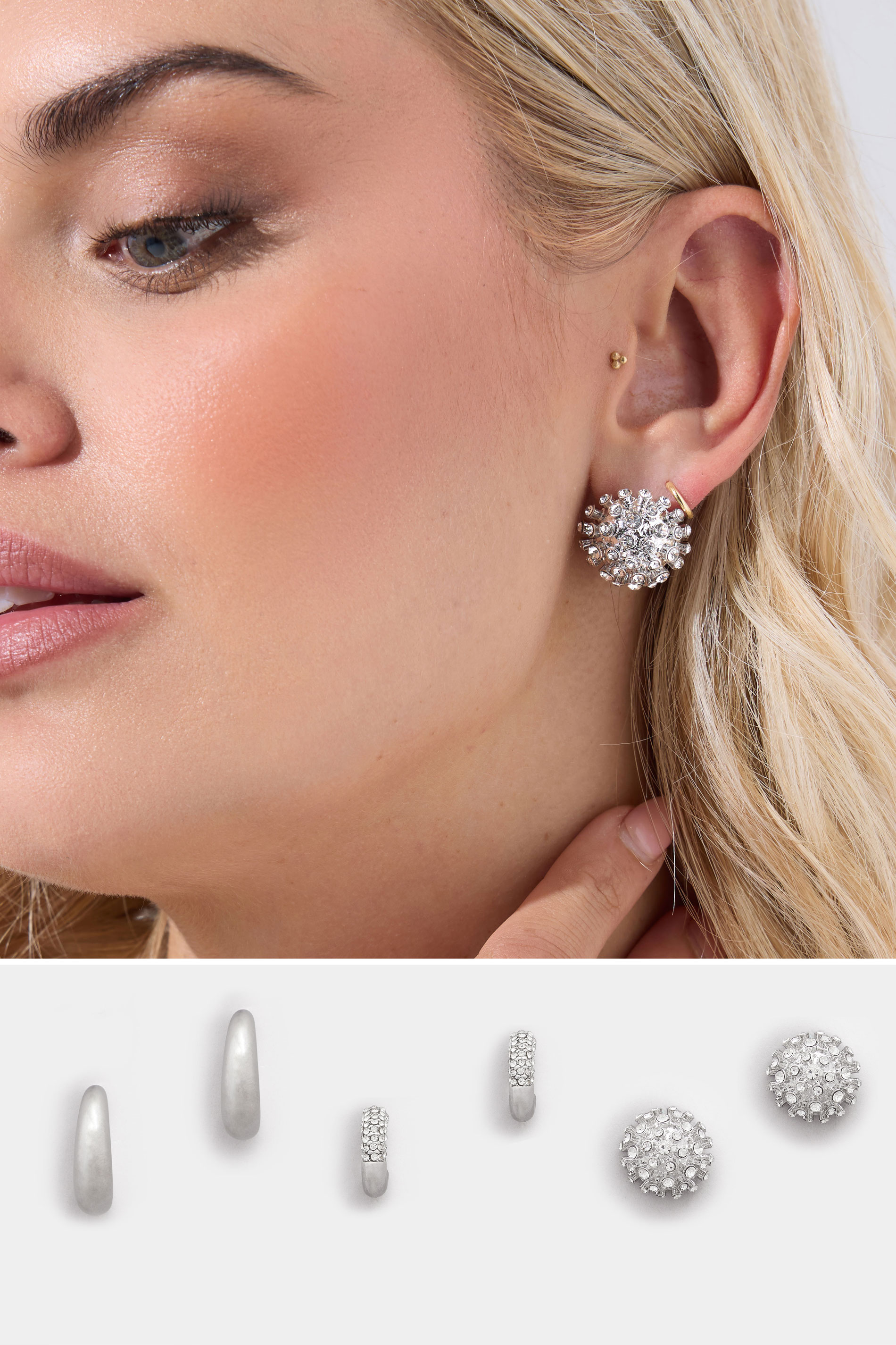 YOURSET 3 PACK Silver Tone Mixed Stud & Hoop Earring Set | Yours Clothing 1