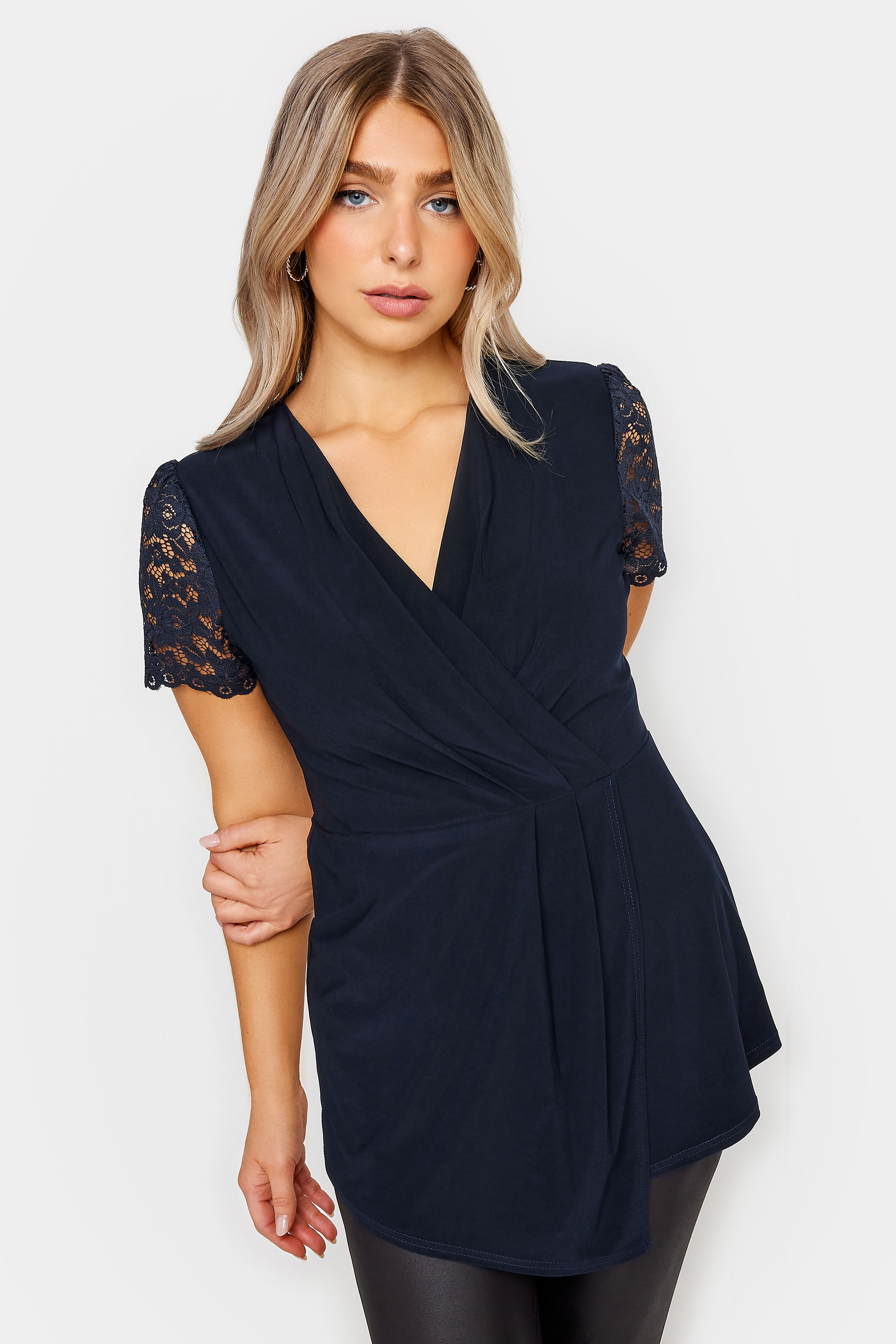 M&Co Navy Blue Lace Sleeve Asymmetric Wrap Top | M&Co 2