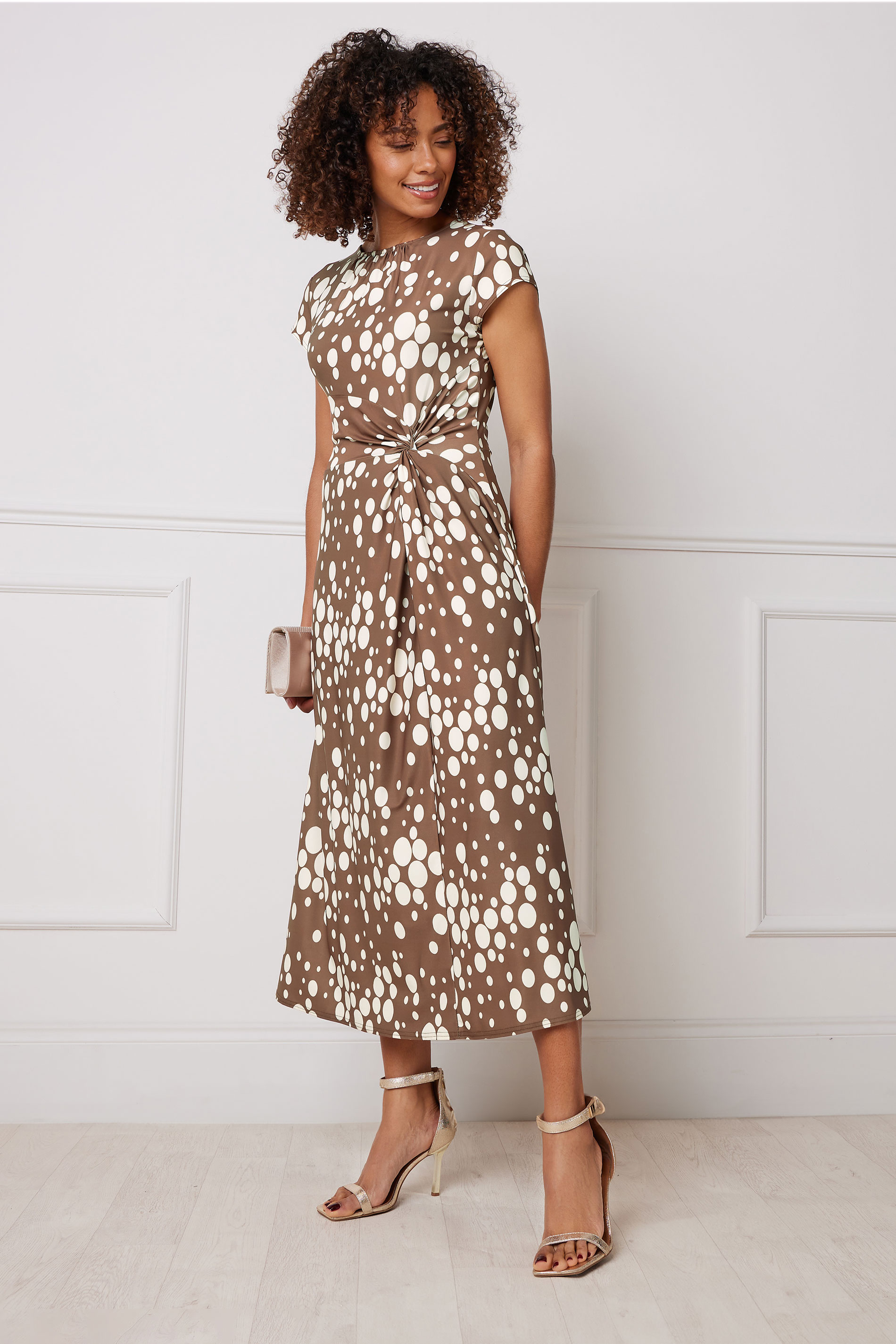 M&Co Mocha Brown Spot Print Twist Midi Dress | M&Co 3