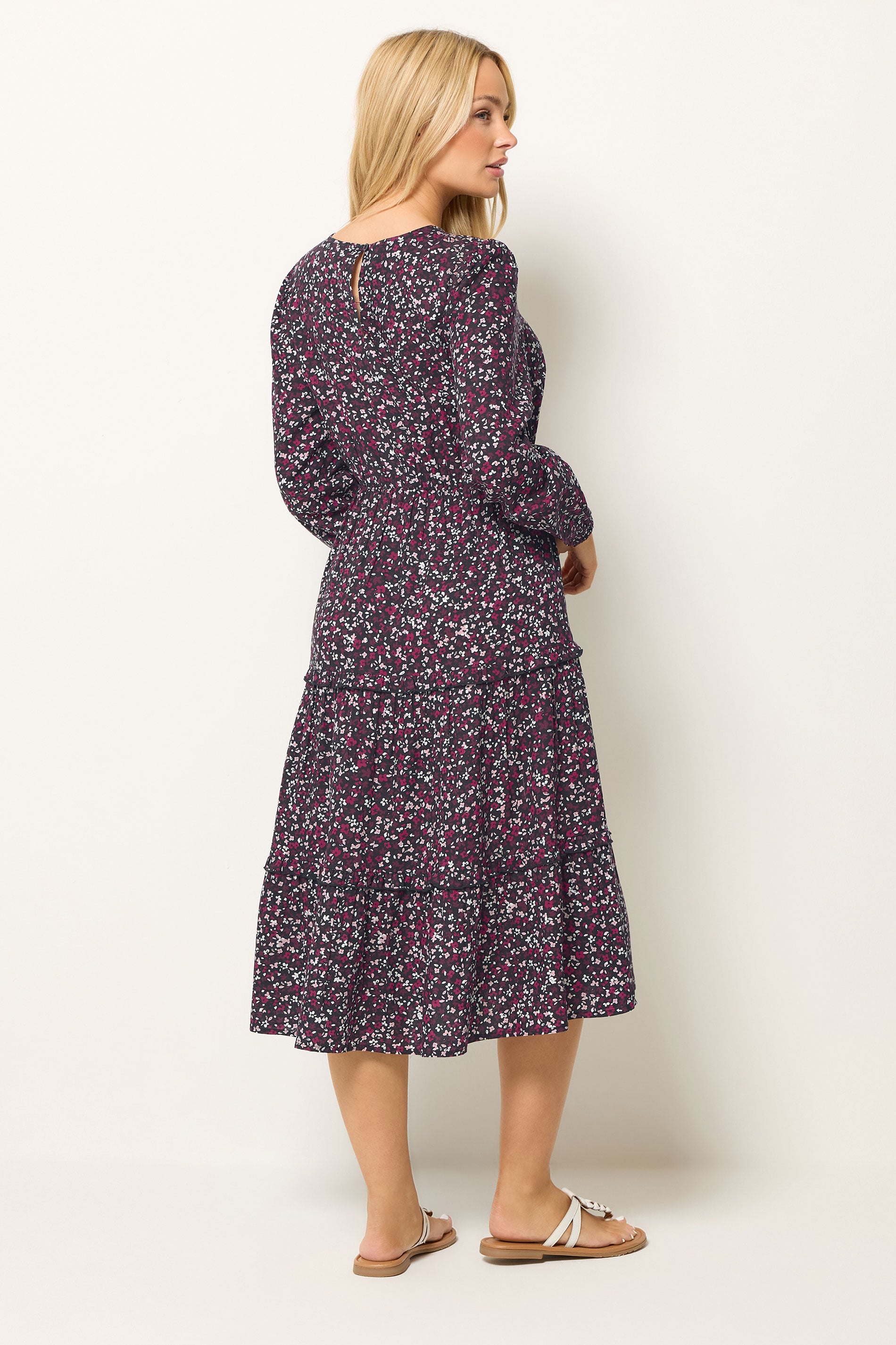 M&Co Berry Purple Ditsy Floral Print Ruffle Midi Dress | M&Co 2