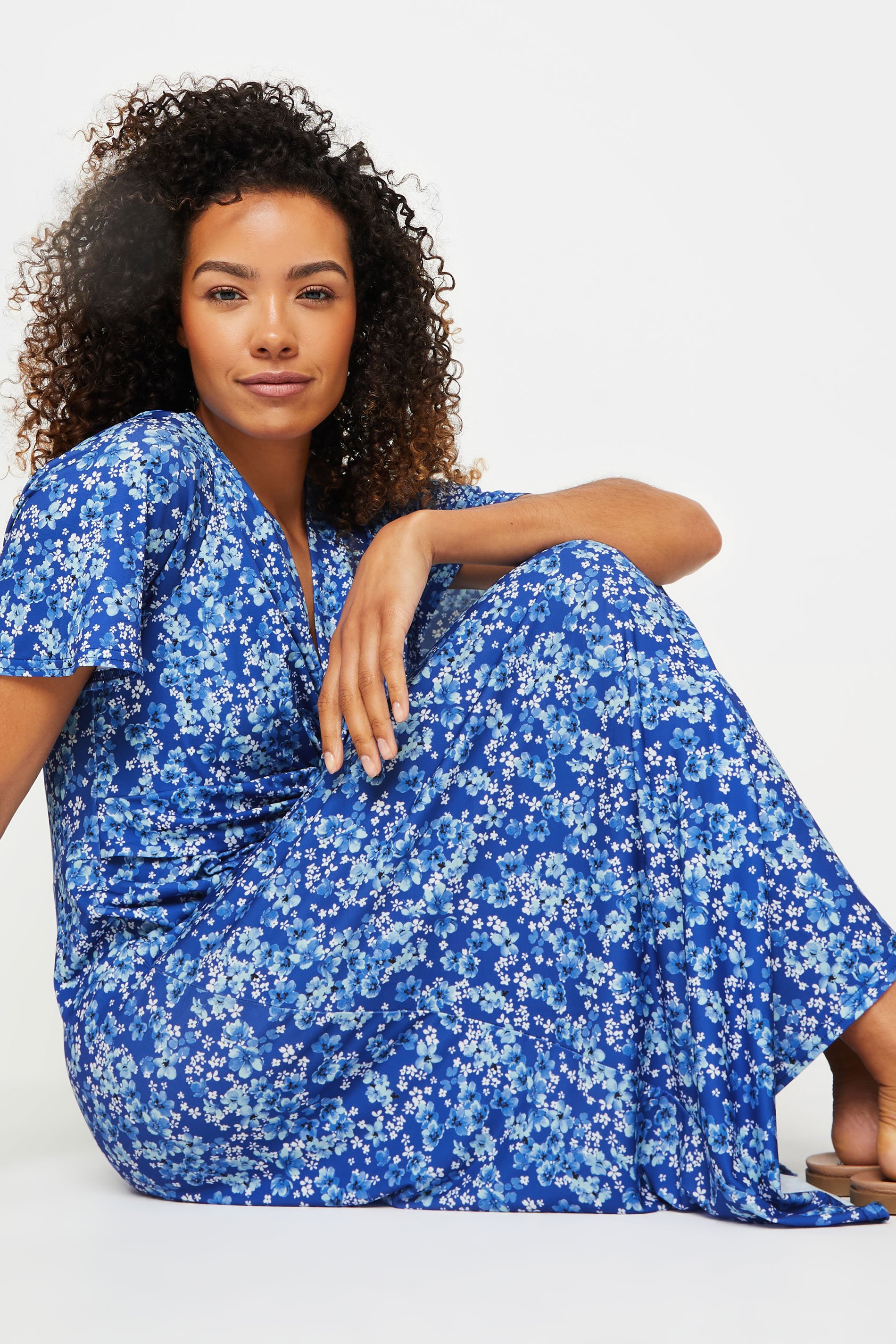 M&Co Blue Floral Print Twist Front Short Sleeve Dress | M&Co 2