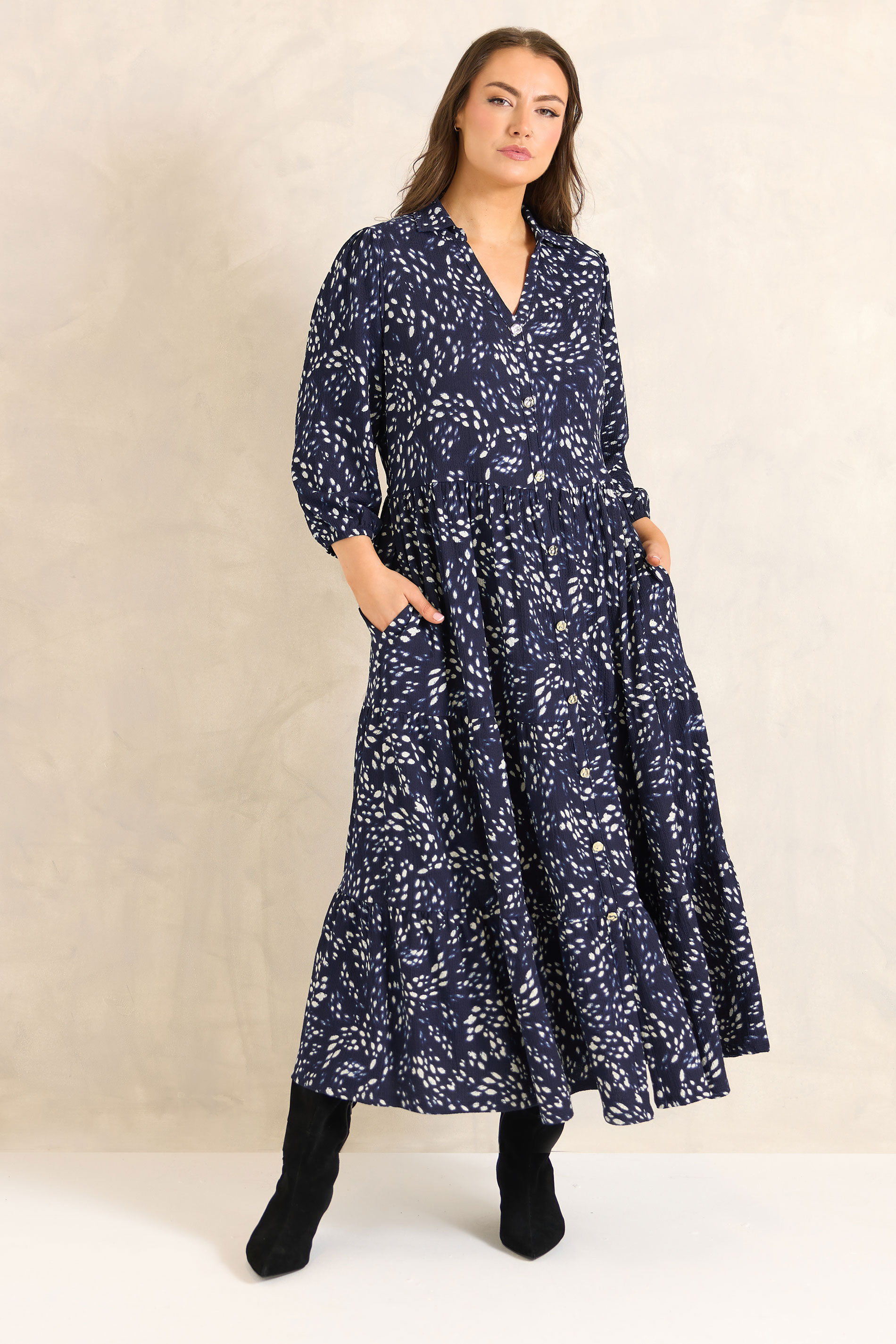 EVANS Plus Size Navy Blue Abstract Print Tiered Maxi Dress | Evans 1