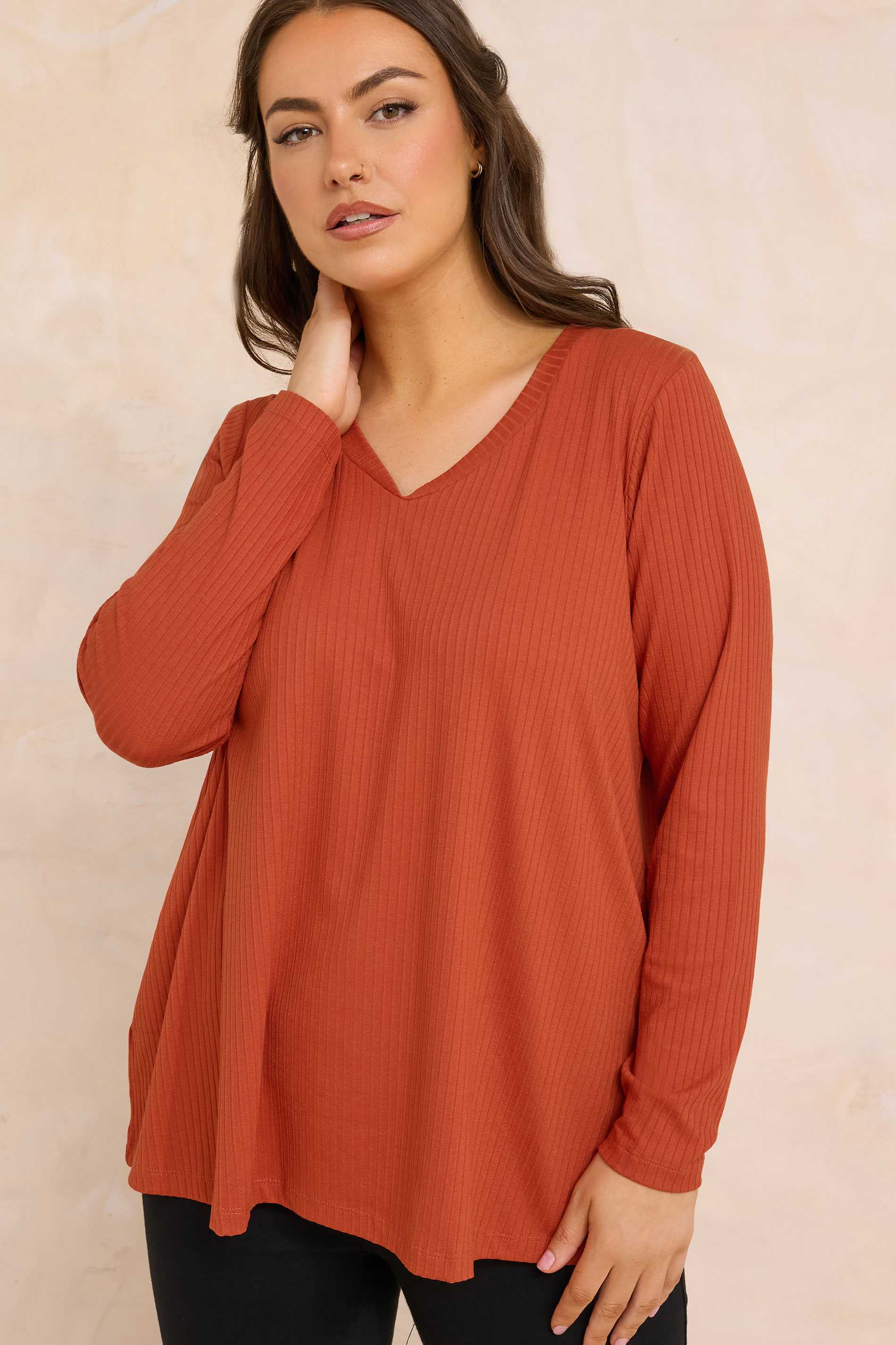 EVANS Plus Size Rust Orange Premium Ribbed Modal Blend Swing Top | Evans 3
