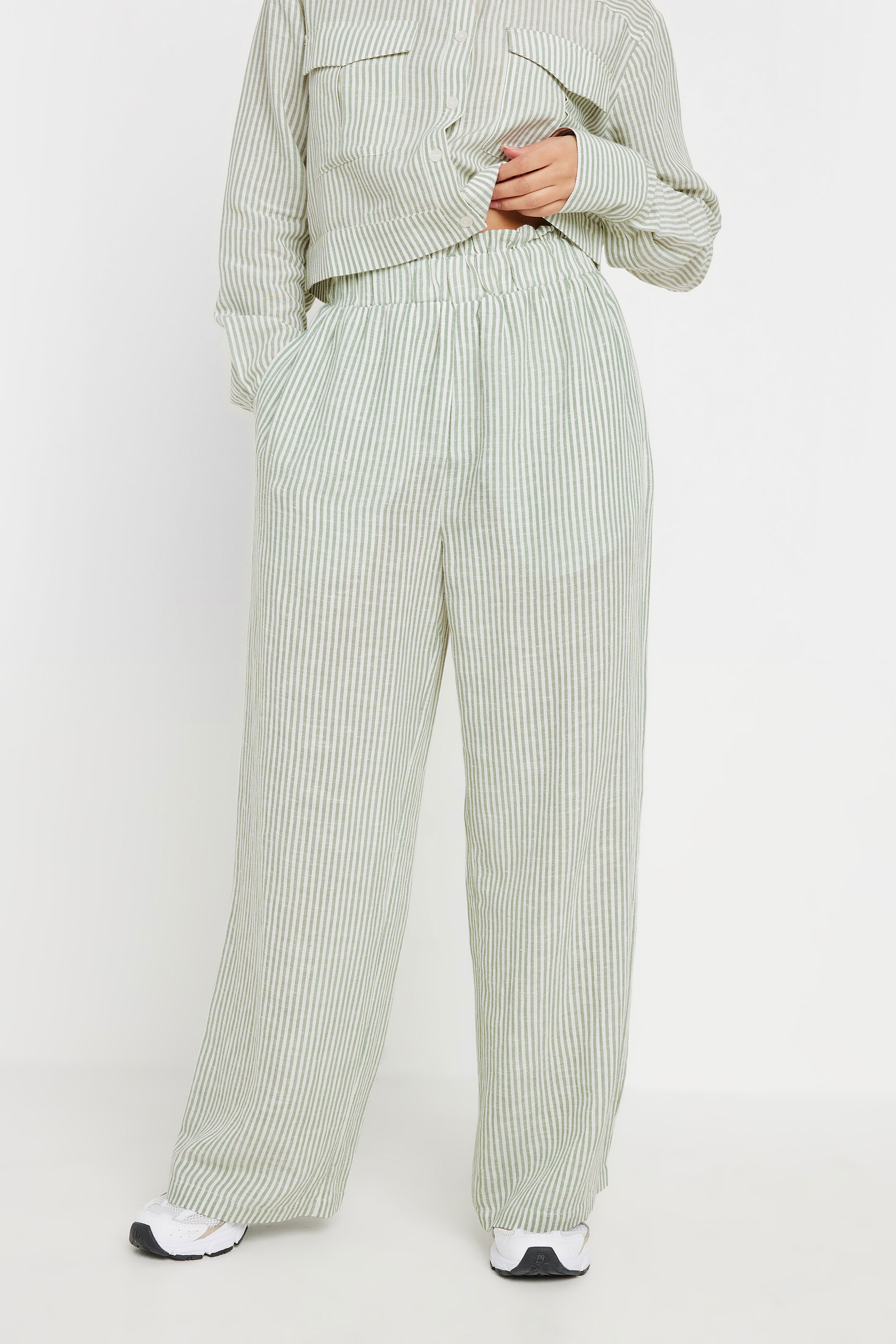 PixieGirl Petite Women's Green Linen Striped Wide Leg Trousers | PixieGirl 2