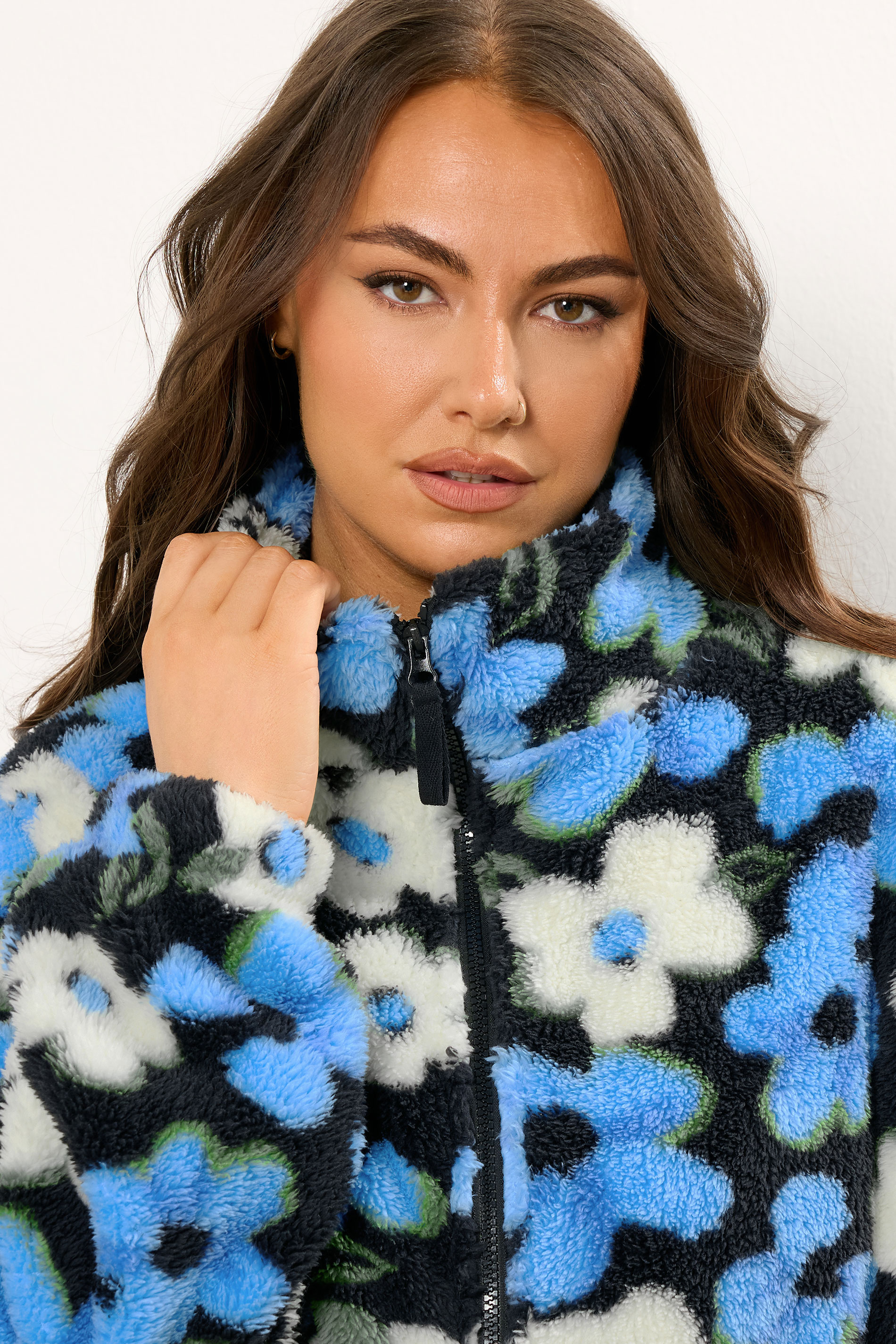YOURS Plus Size Black & Blue Floral Fleece Jacket | Yours Clothing 5