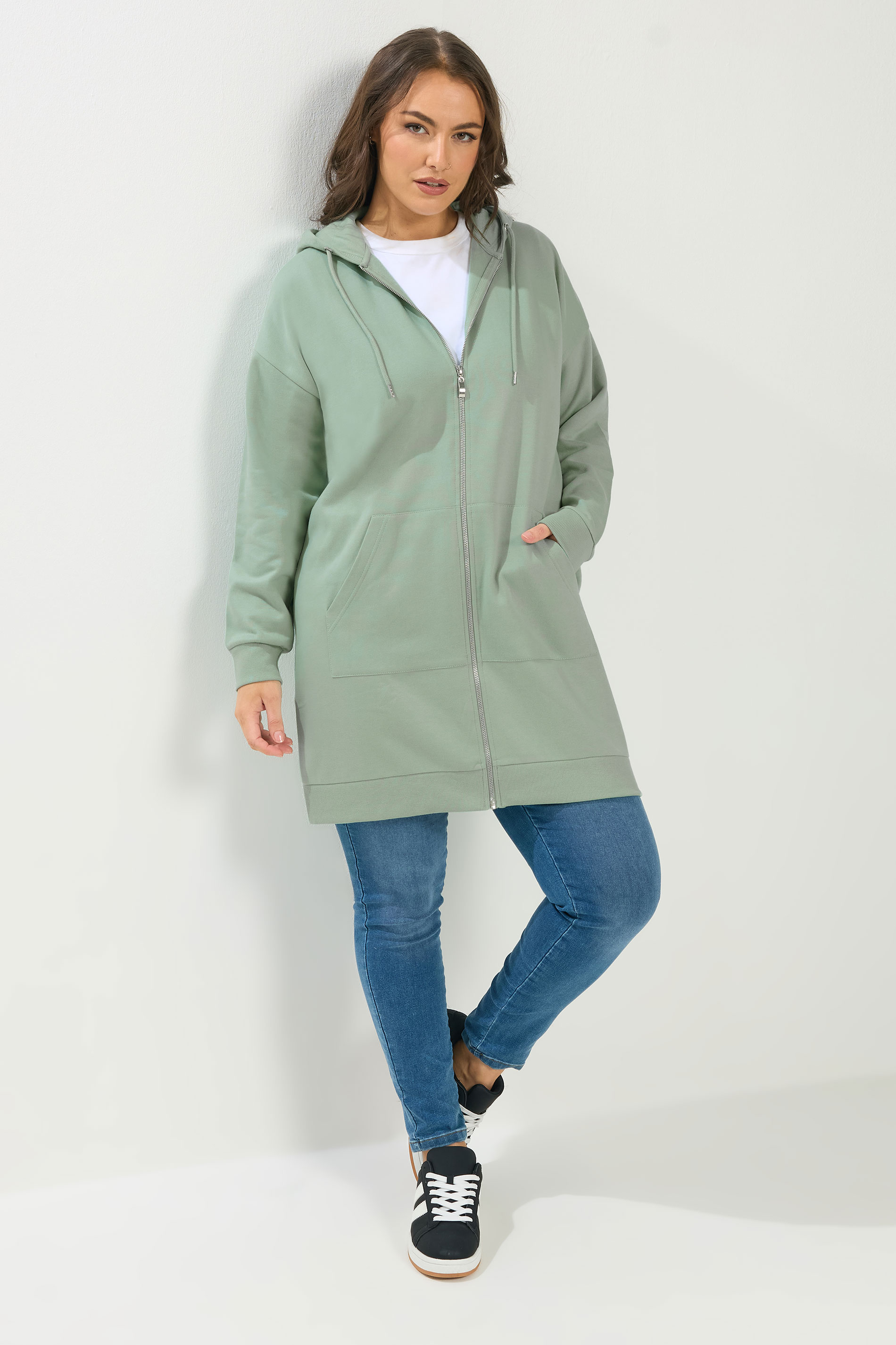 YOURS Plus Size Sage Green Longline Zip Hoodie | Yours Clothing 3