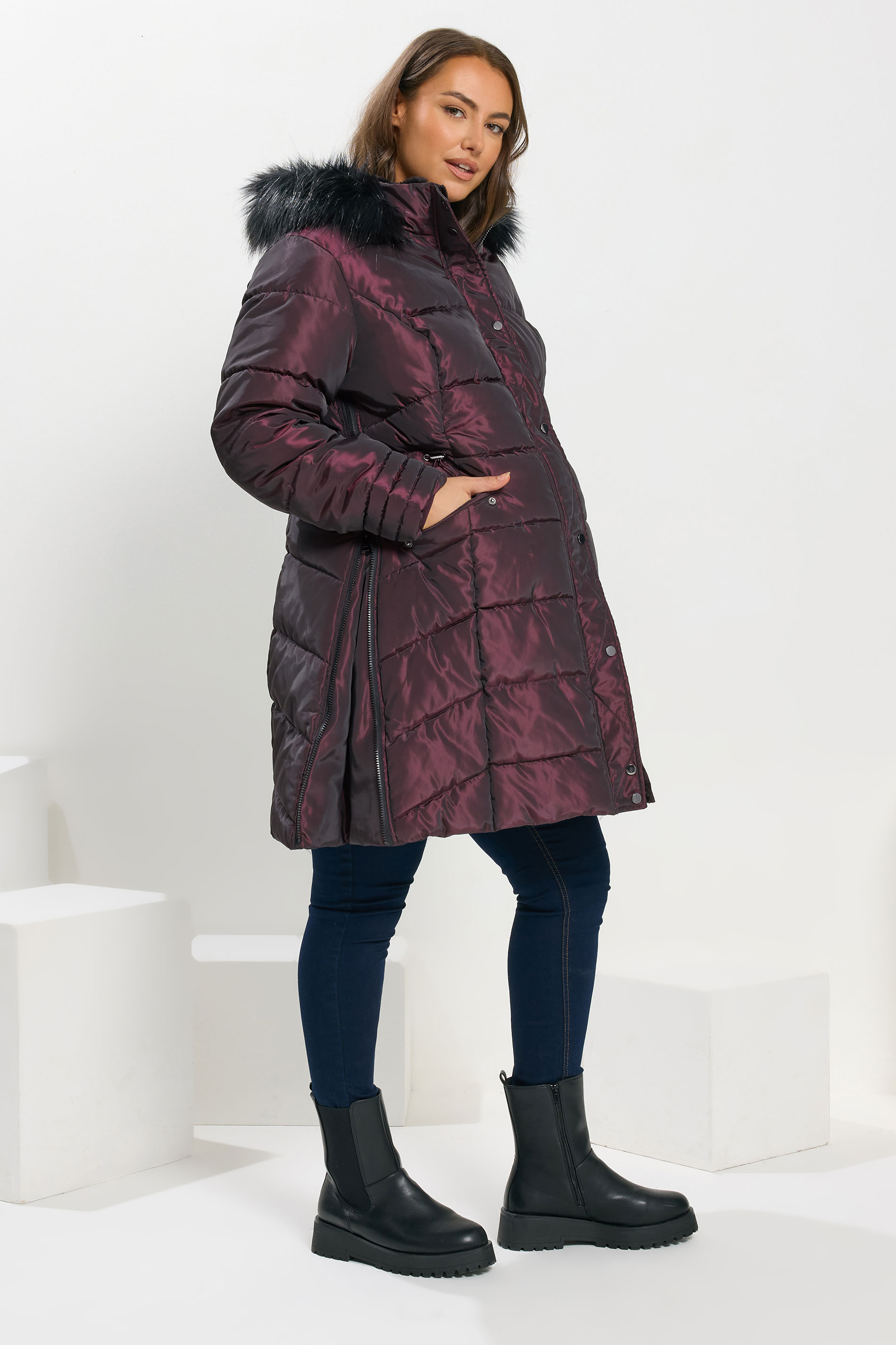 BUMP IT UP Maternity Plus Size Purple Panelled Puffer Midi Coat | Yours Clothing 1