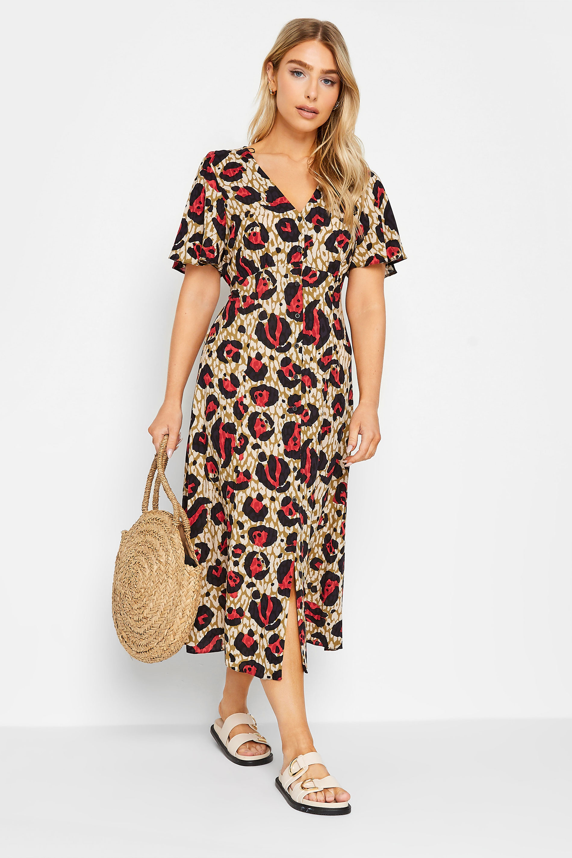 M&Co Natural Brown & Red Leopard Print Midi Button Through Tea Dress | M&Co  1