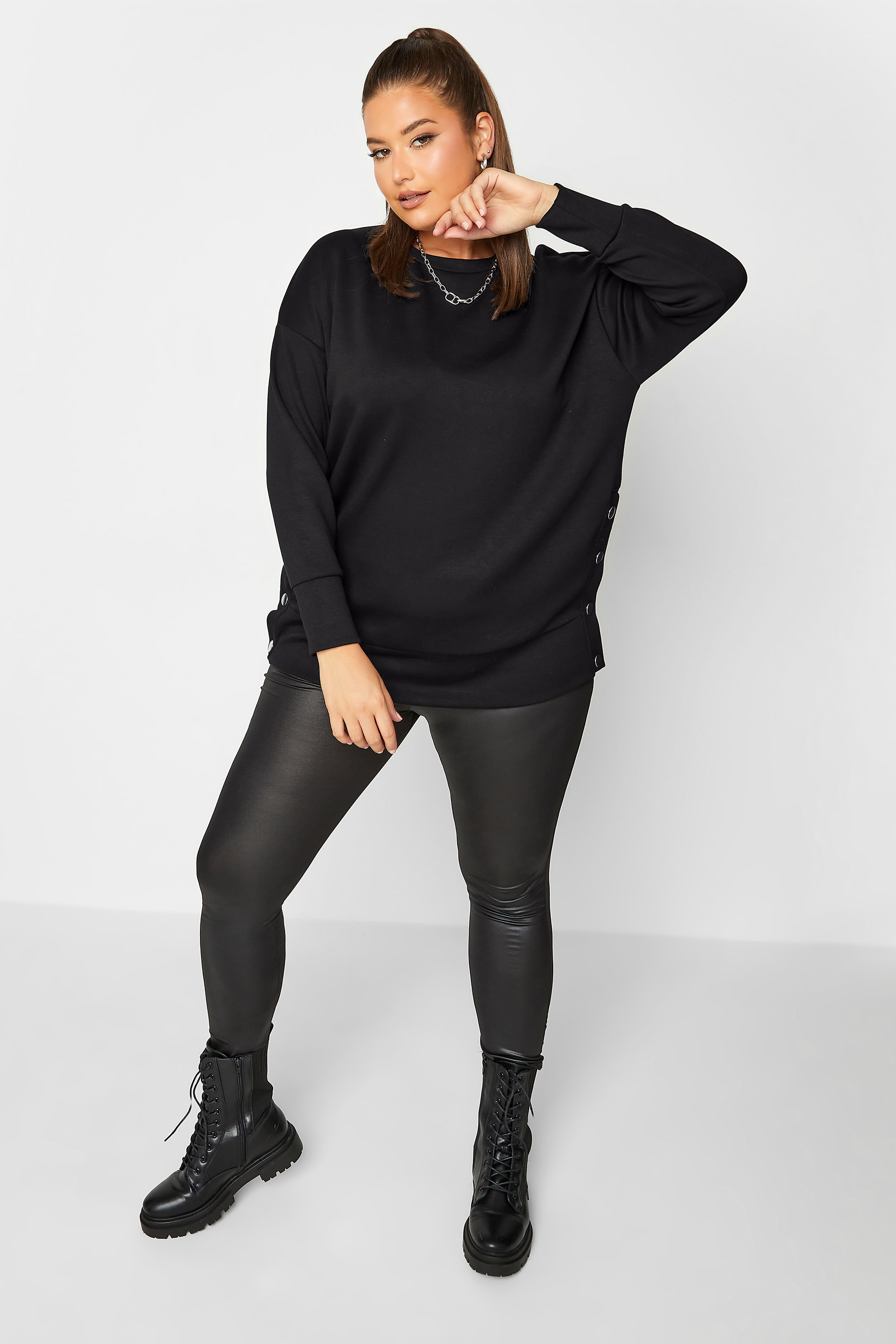 Plus Size Black Button Detail Sweatshirt | Yours Clothing 2