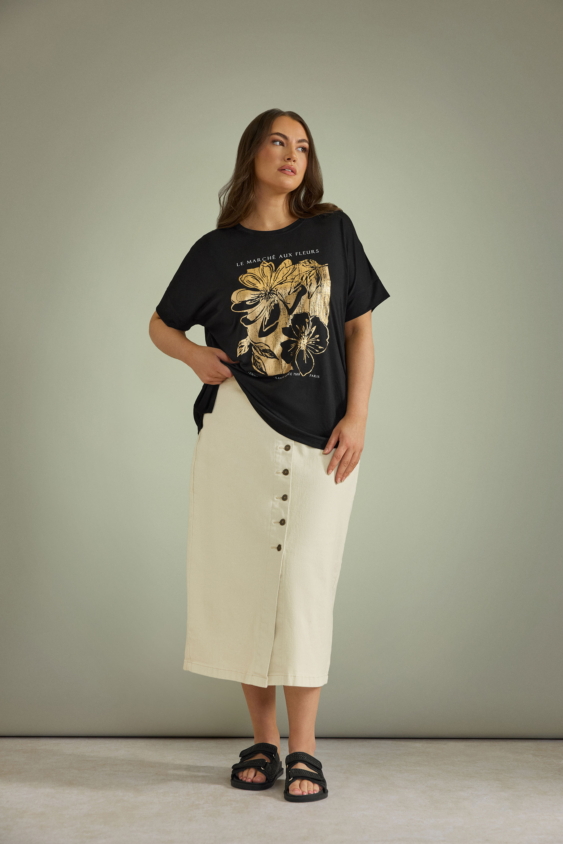 EVANS Plus Size Black Metallic Floral Print Modal Rich T-Shirt | Evans 1
