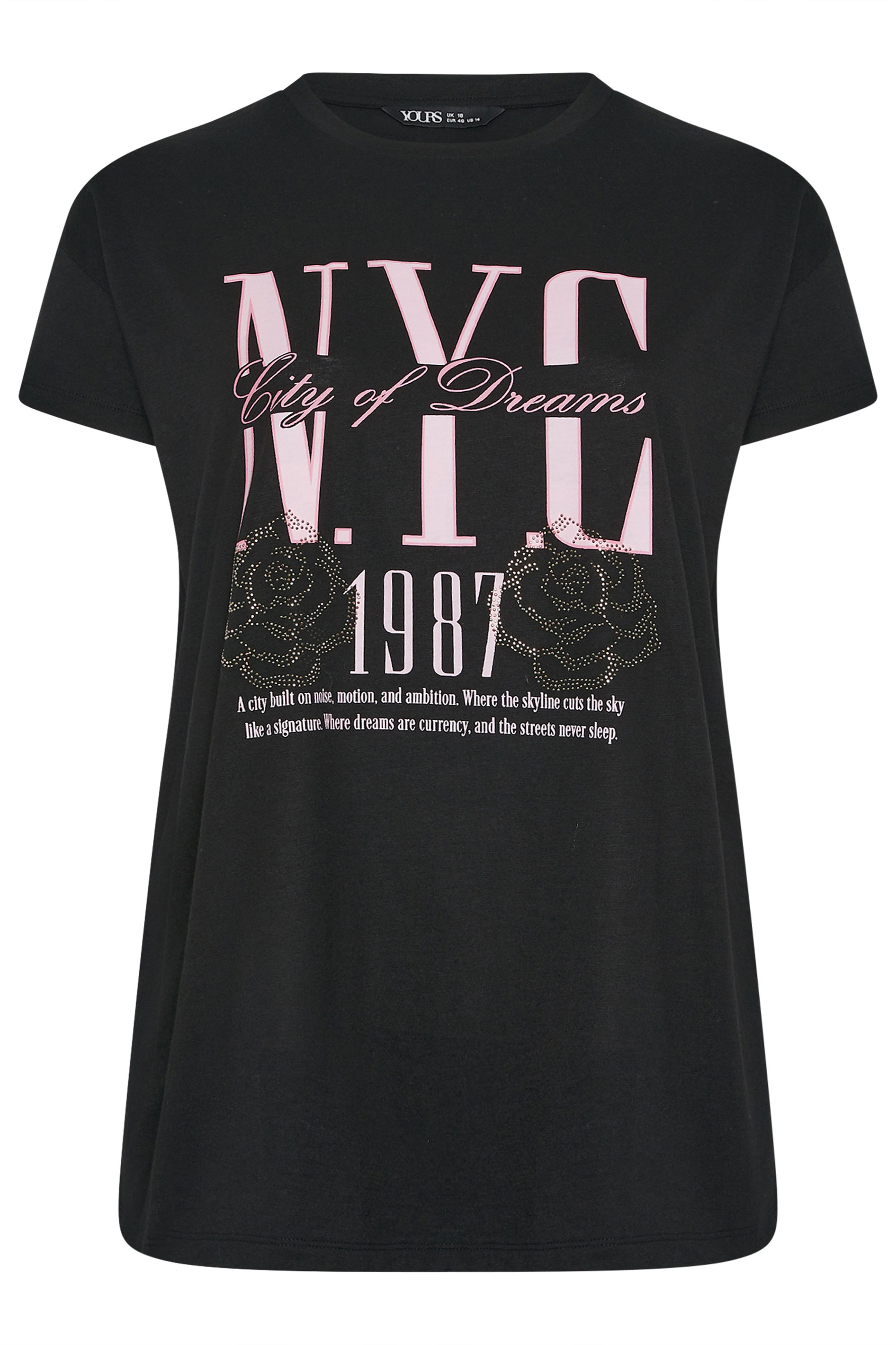 YOURS Plus Size Black 'NYC' Rose Embellished Graphic T-Shirt | Yours Clothing 5