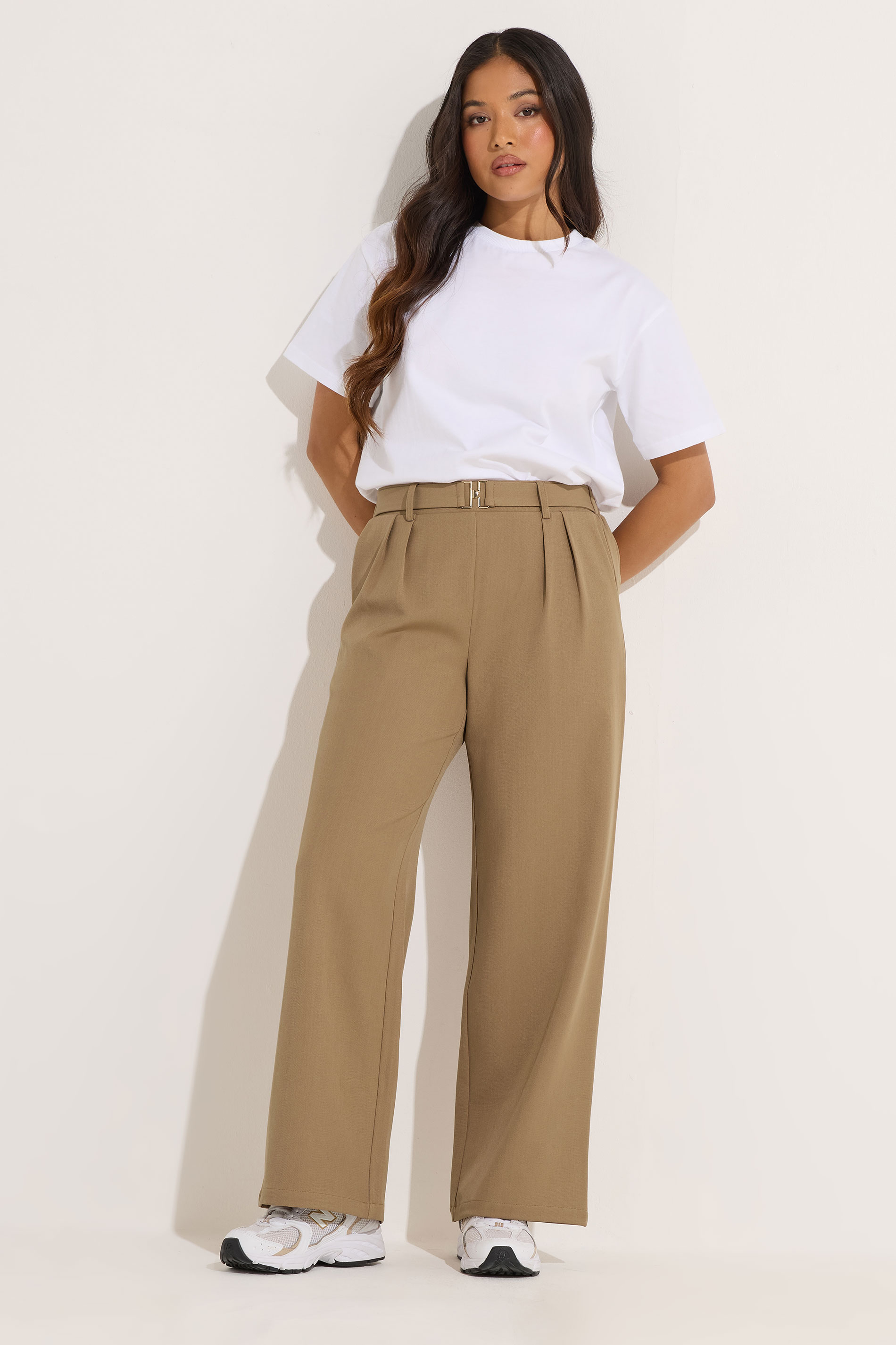 PixieGirl Petite Women's Natural Brown Buckle Wide Leg Trousers | PixieGirl 1