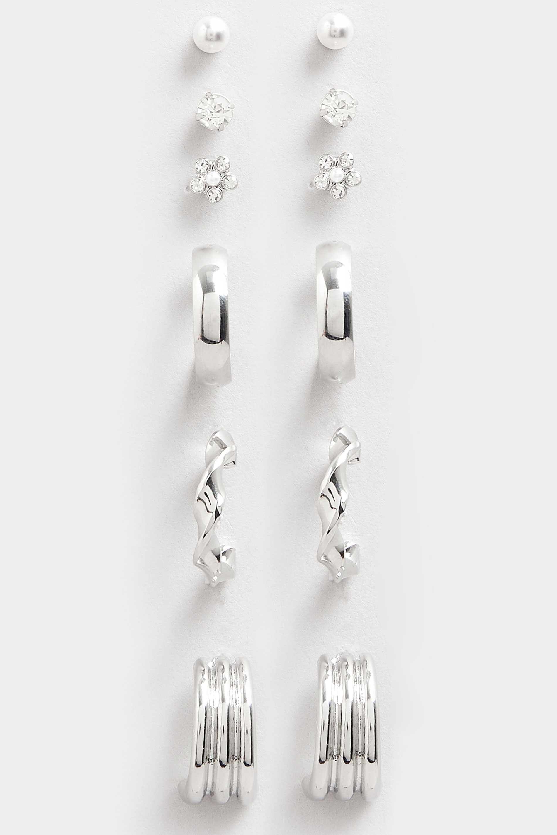 6 PACK Silver Tone Hoop & Stud Earrings Set | Yours Clothing 3