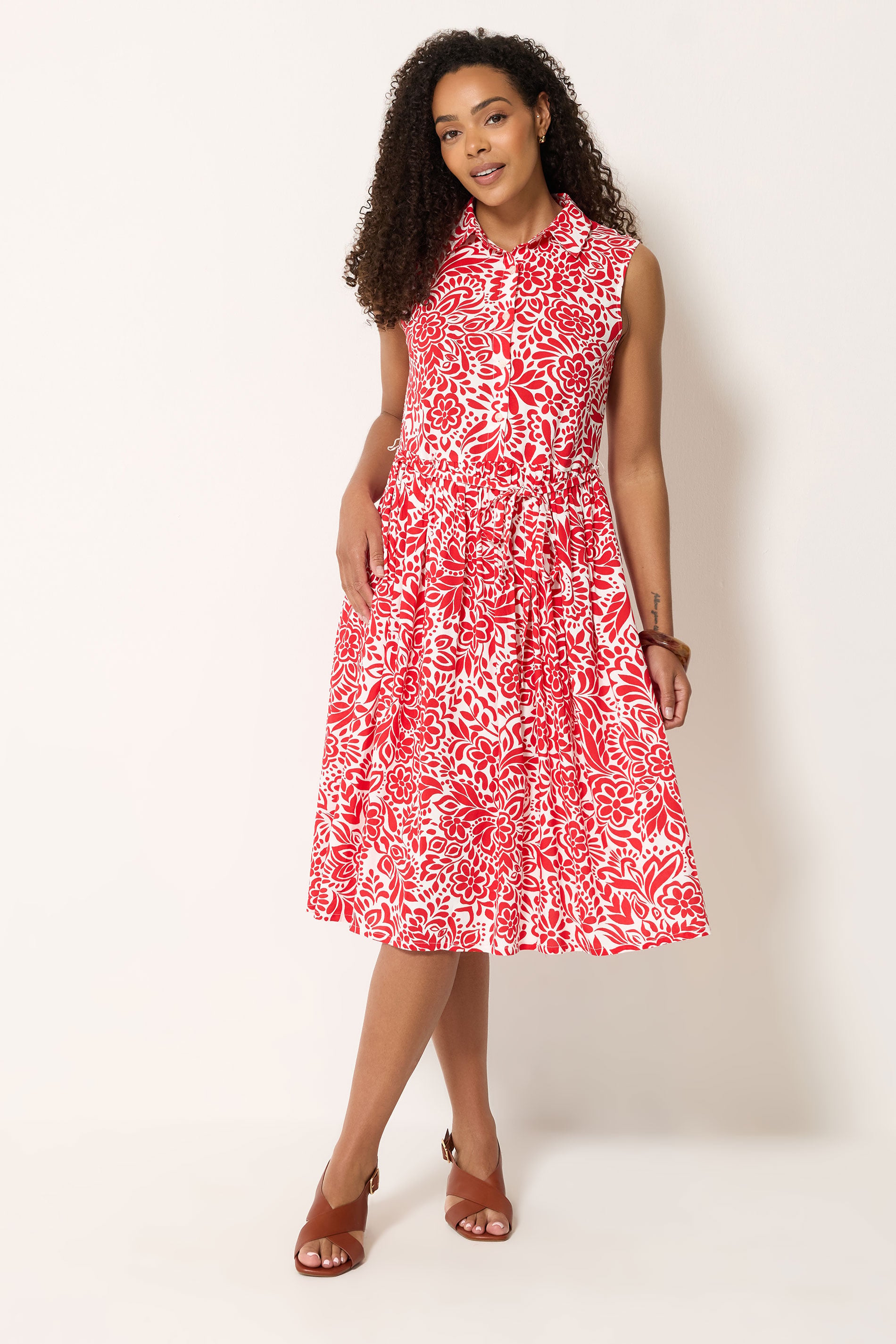 M&Co Red and White Abstract Printed Sleeveless Shirt Dress | M&Co 2