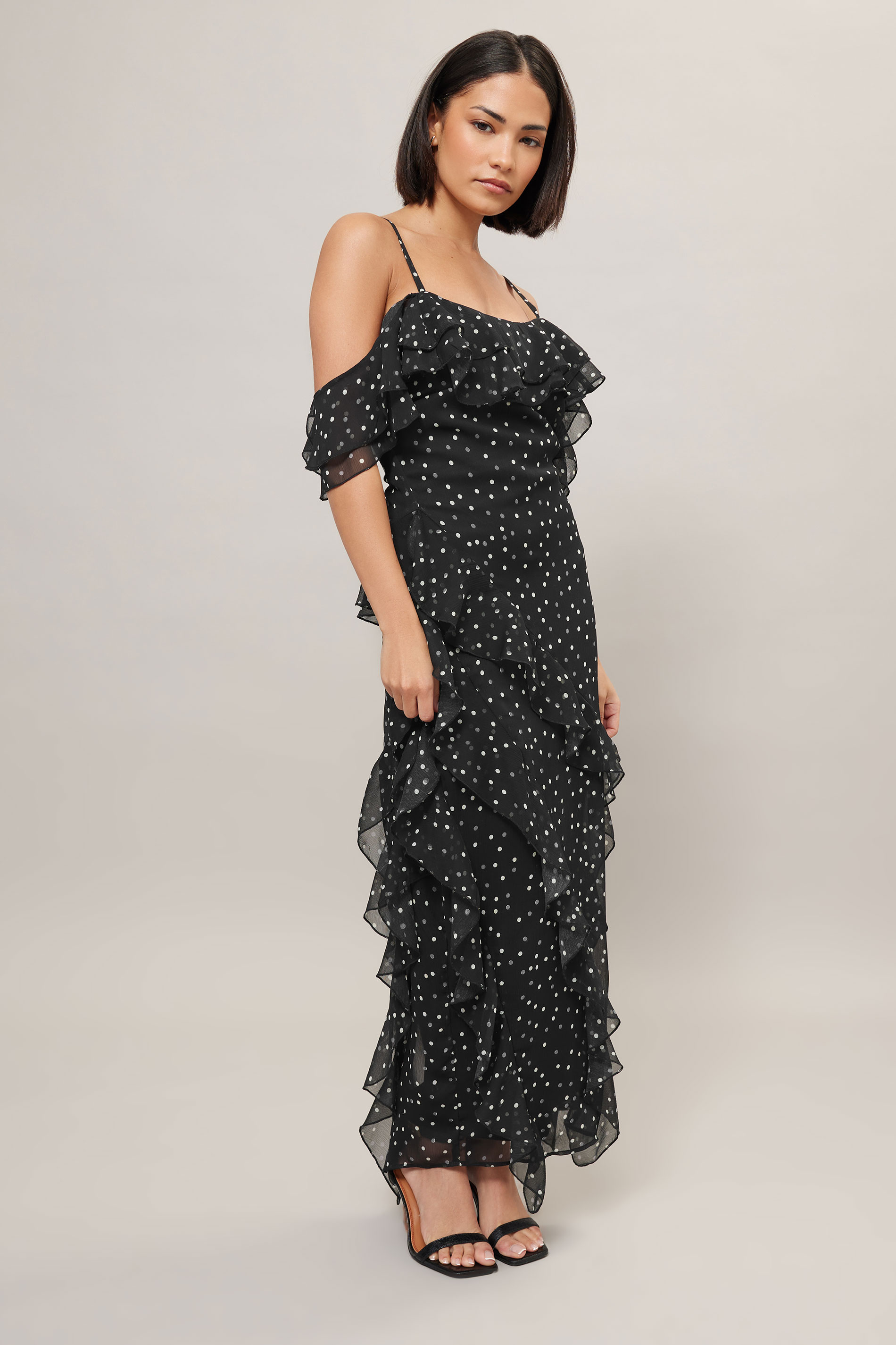 PixieGirl Petite Women's Black Chiffon Polka Dot Ruffle Maxi Dress | PixieGirl 3