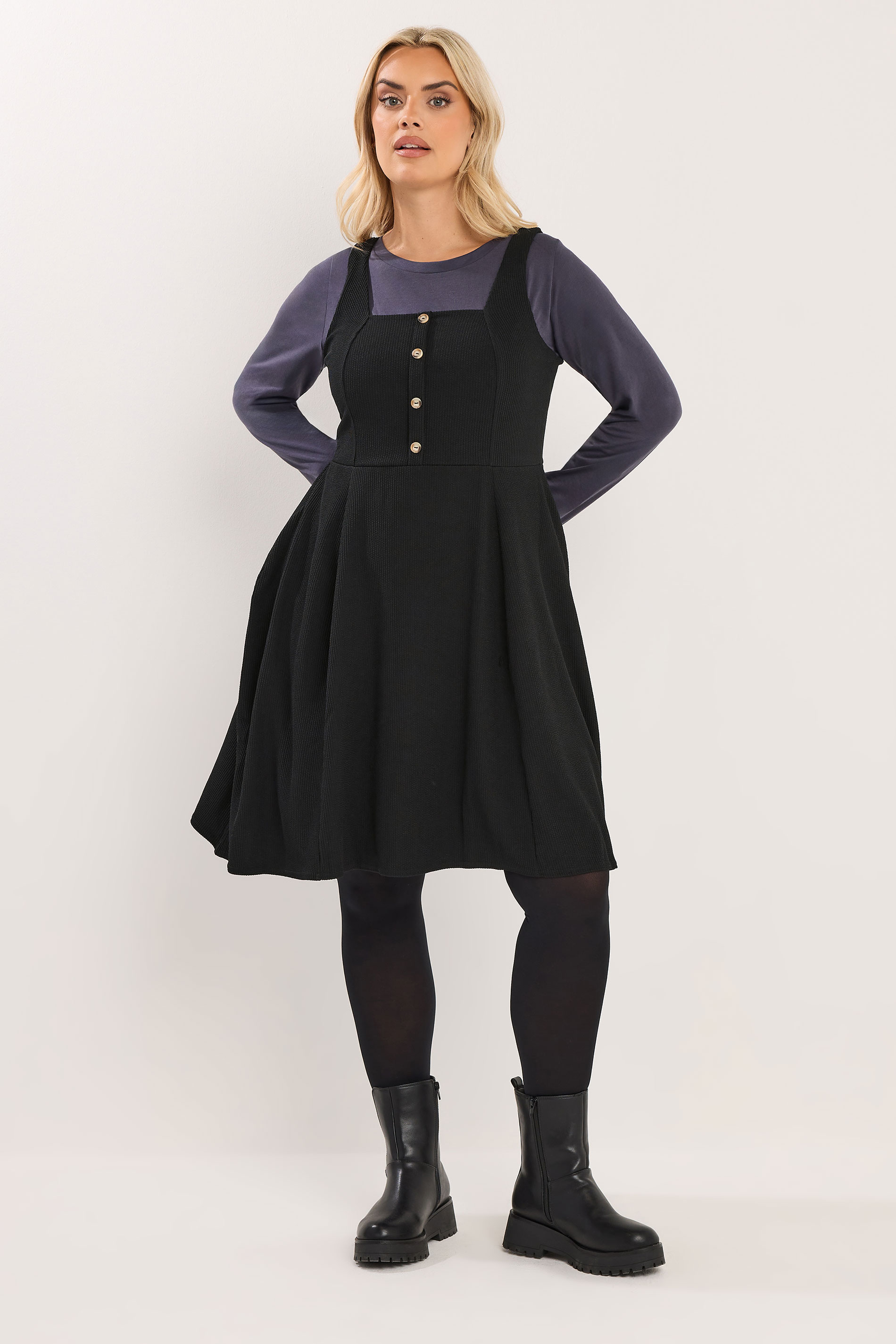 YOURS Plus Size Black Button Front Textured Pinafore Dress | Yours Clothing 1