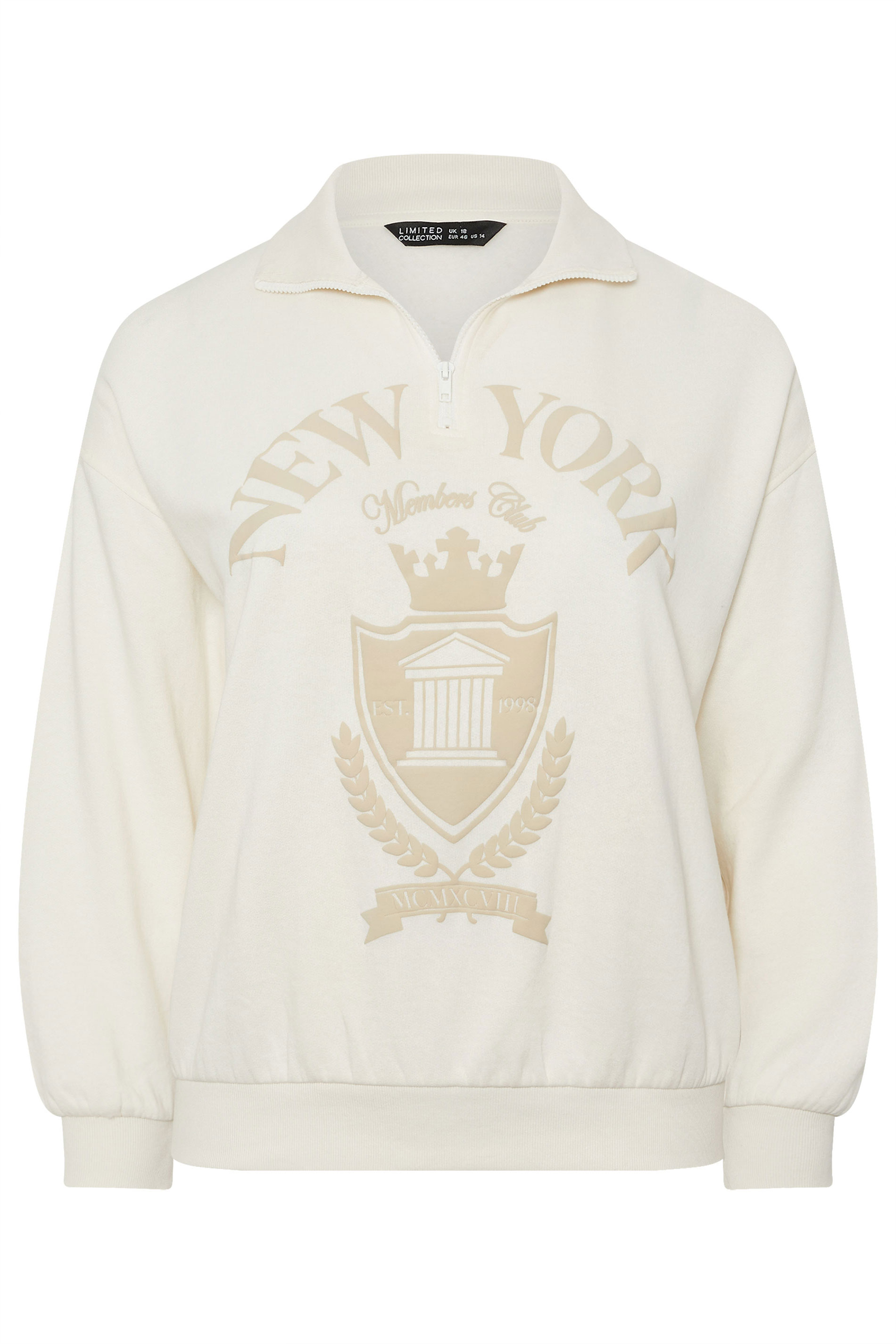 LIMITED COLLECTION Plus Size Cream 'New York' Quarter Zip Sweatshirt | Yours Clothing 5