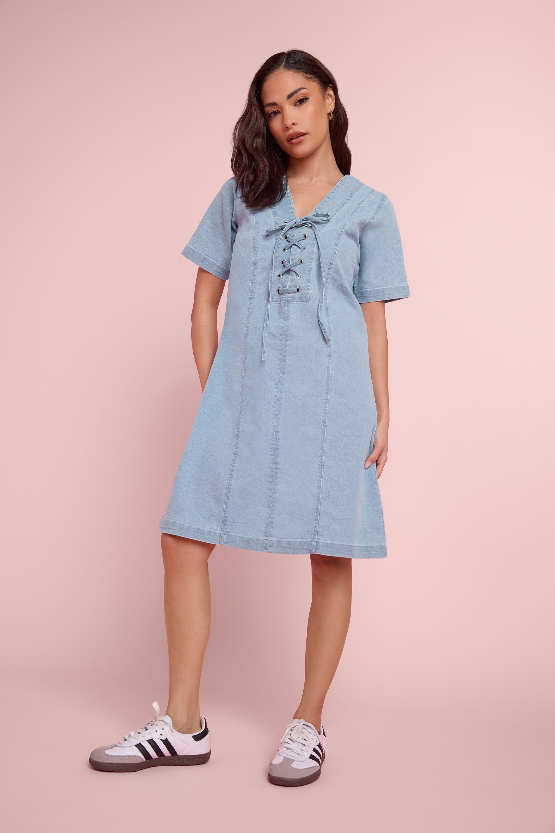 PixieGirl Petite Women's Light Blue Lace Up Denim Mini Dress | PixieGirl 3