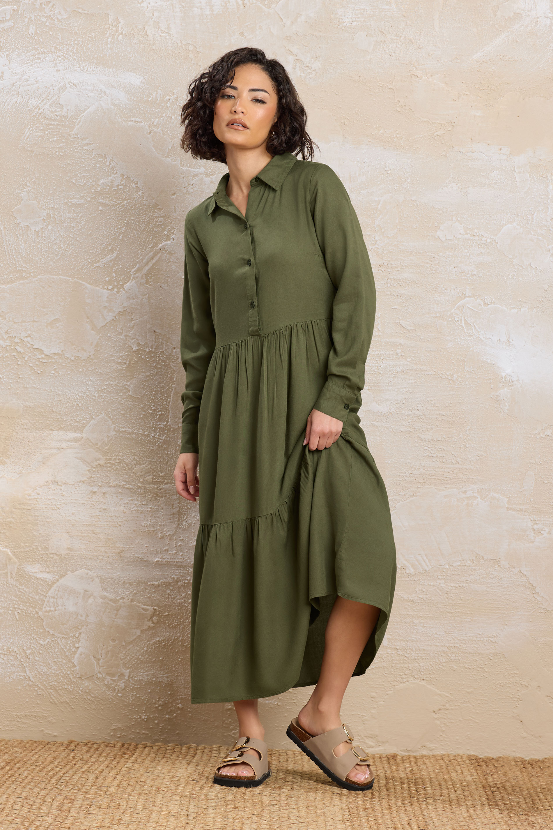 PixieGirl Petite Women's Khaki Green Sleeved Smock Dress | PixieGirl 3