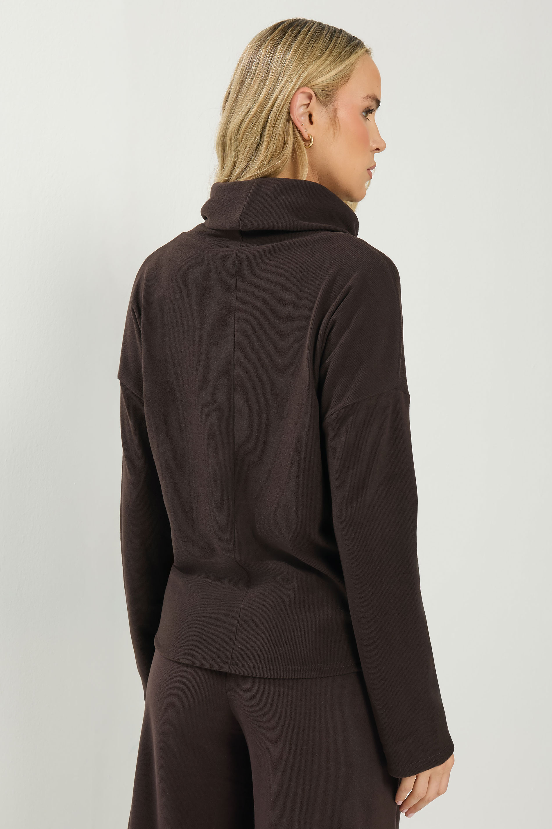 LTS Tall Women's Chocolate Brown Roll Neck Brushed Ribbed Top | Long Tall Sally 2
