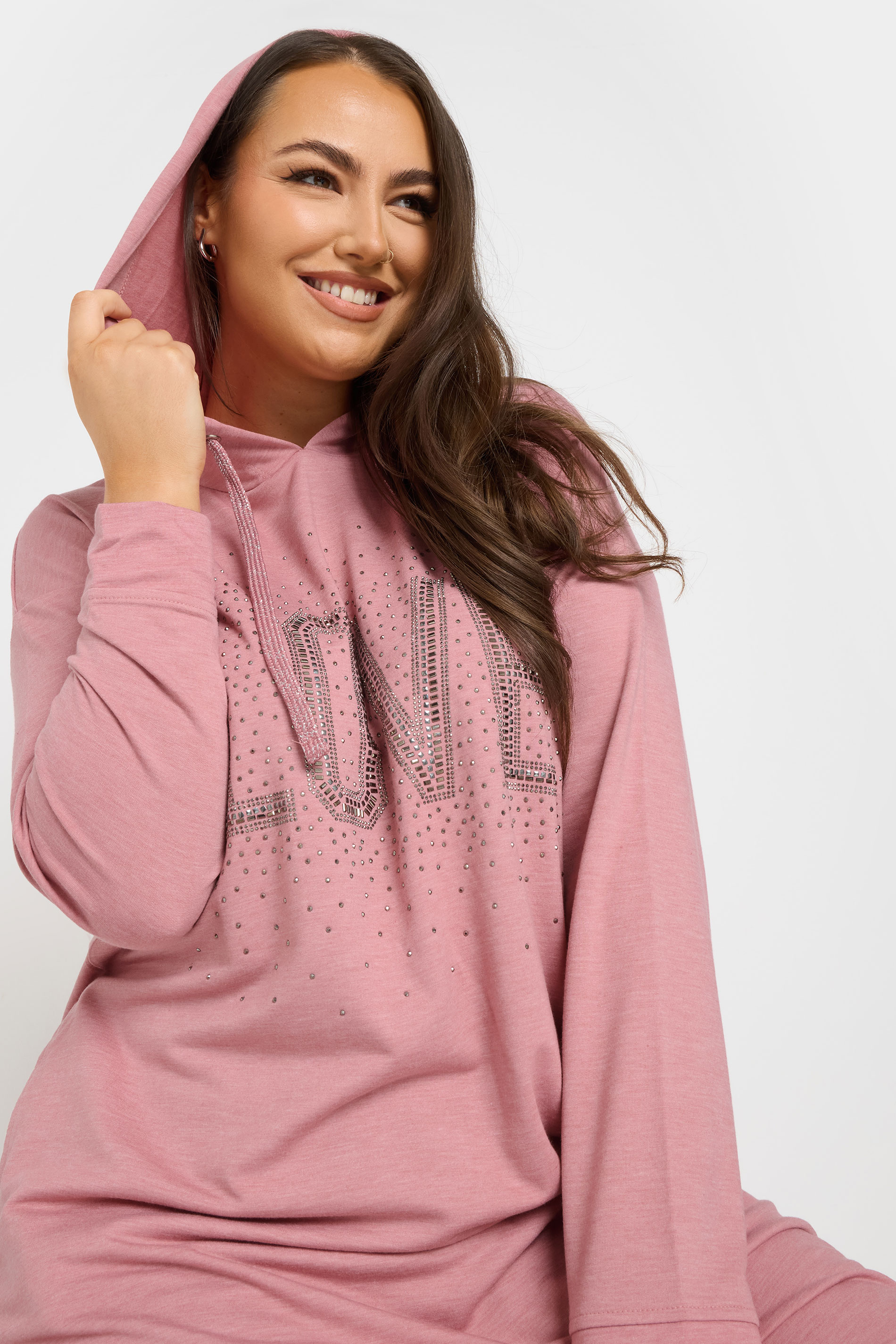 YOURS Plus Size Pink Diamante Embellished 'Love' Hoodie Dress | Yours Clothing 4