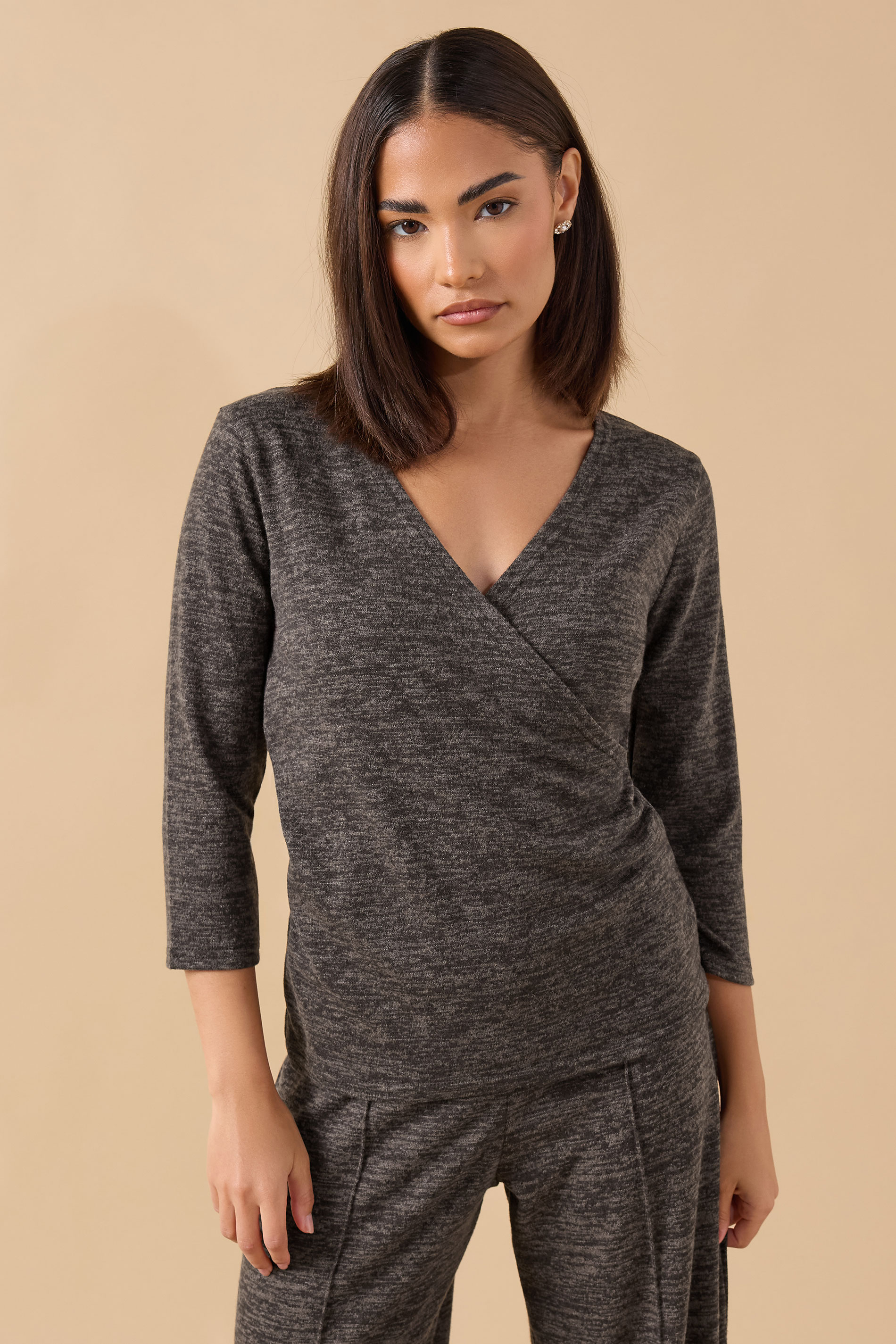 PixieGirl Petite Women's Chocolate Brown Marl Wrap Top | PixieGirl 3