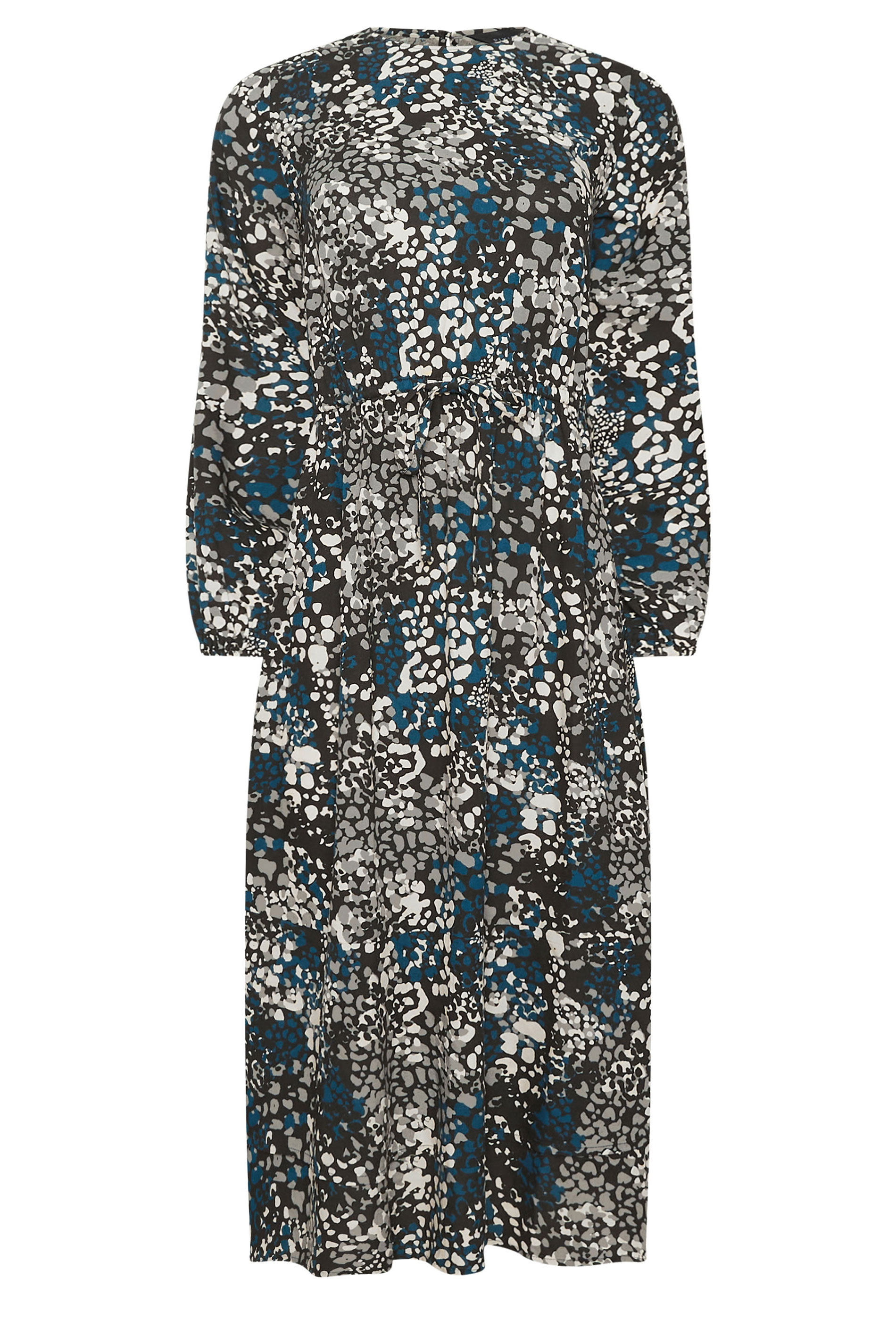 PixieGirl Petite Women's Blue Woven Abstract Tie Waist Midi Dress | PixieGirl 5