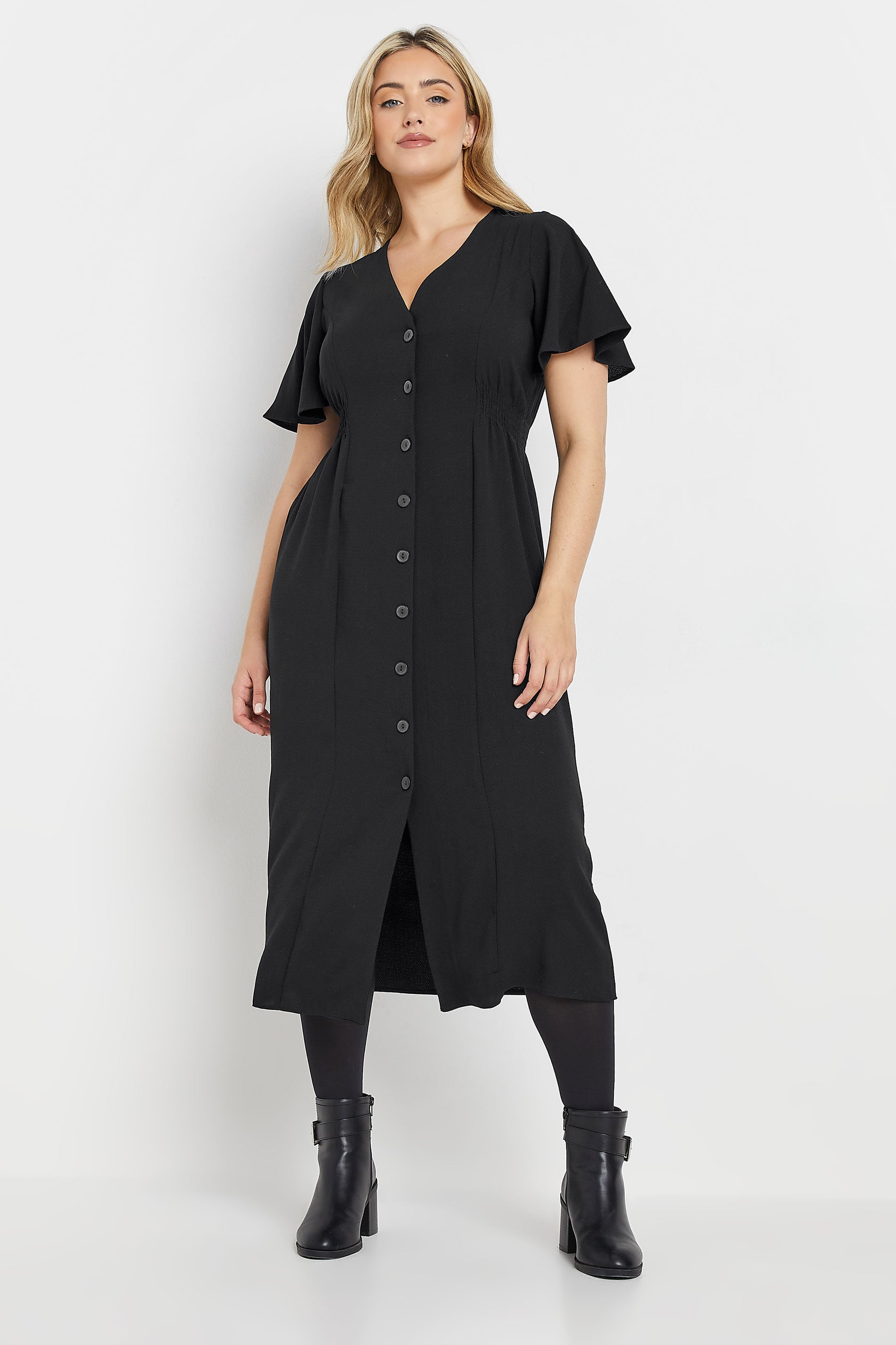 M&Co Black Shirred Waist Button Through Midi Dress | M&Co 1