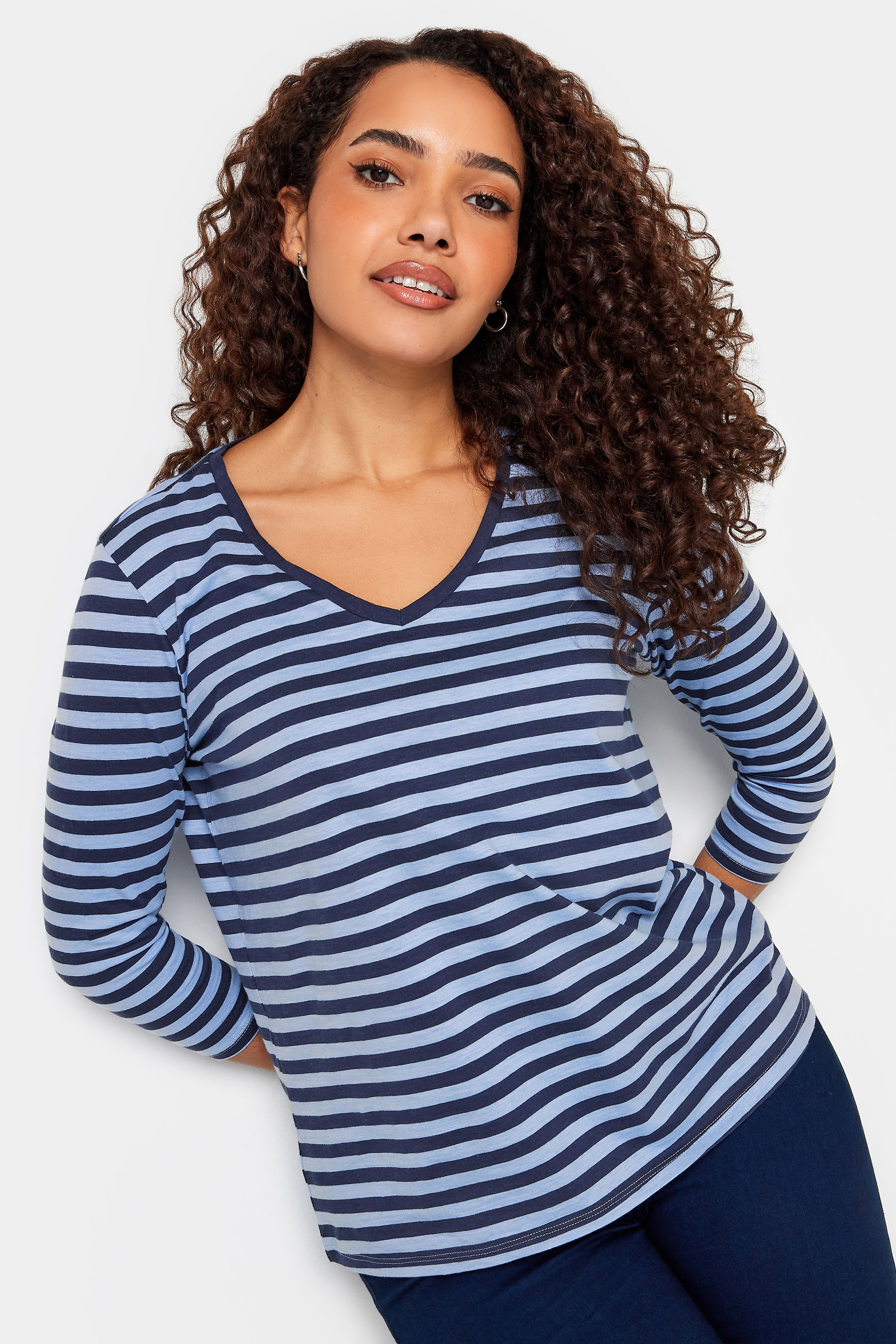 M&Co Navy & Blue Stripe V-Neck Cotton Long Sleeve T-Shirt | M&Co 1