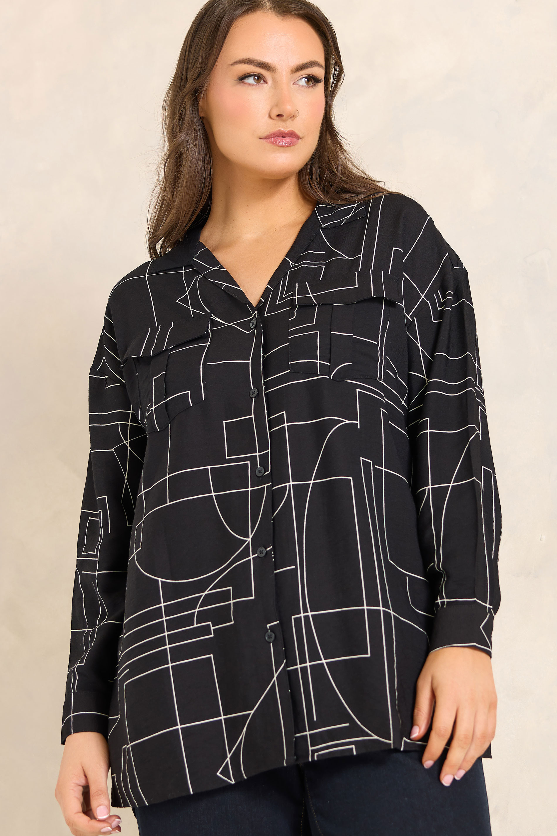 EVANS Plus Size Black Linear Print Utility Pocket Shirt | Evans  3