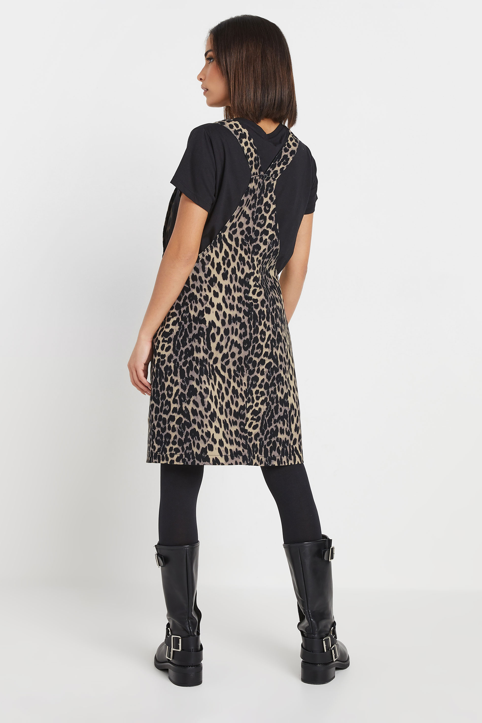 PixieGirl Petite Women's Natural Brown Leopard Print Denim Pinafore | PixieGirl 2
