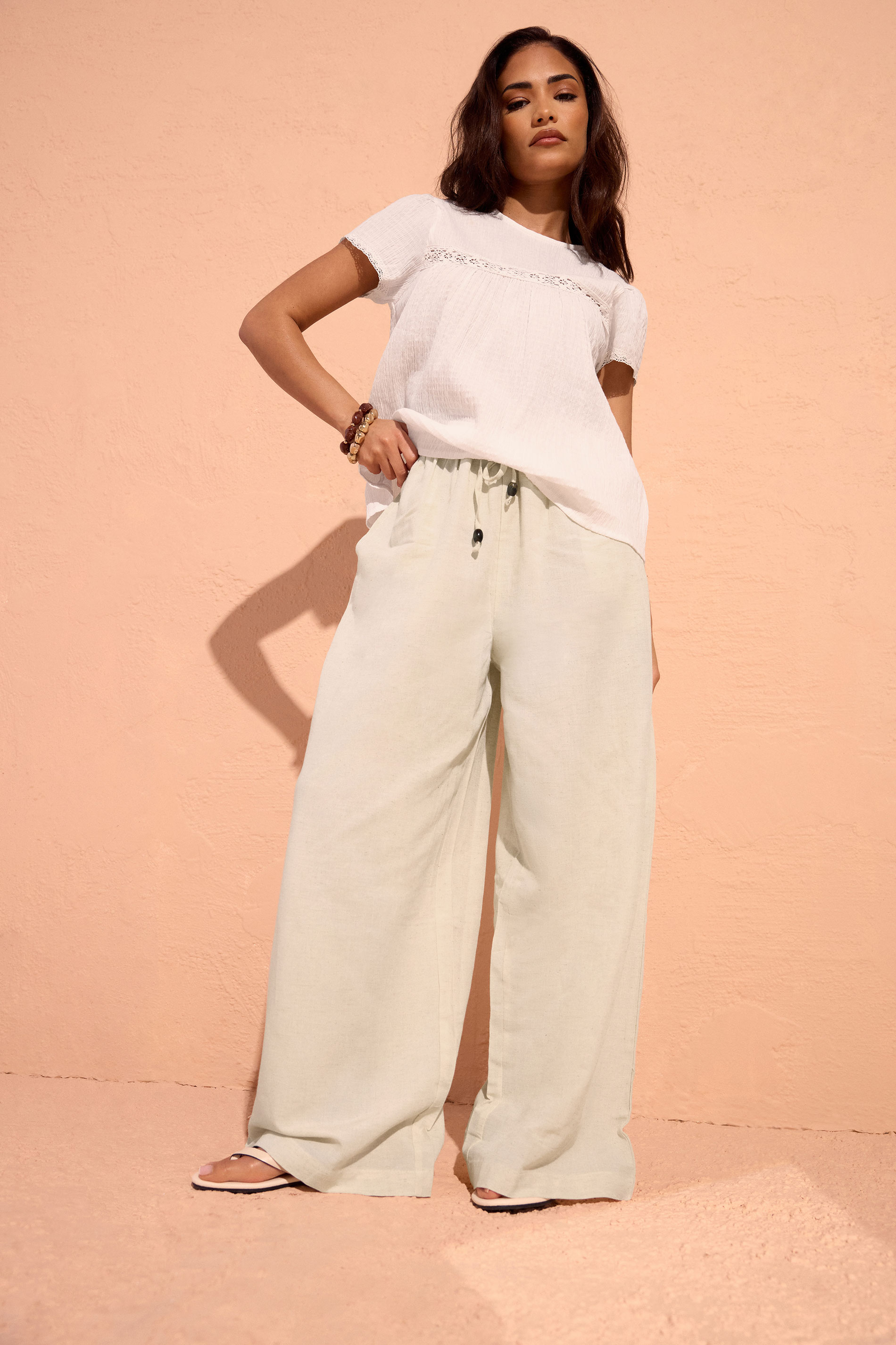 PixieGirl Petite Women's Natural Brown Beaded Linen Wide Leg Trousers | PixieGirl 3