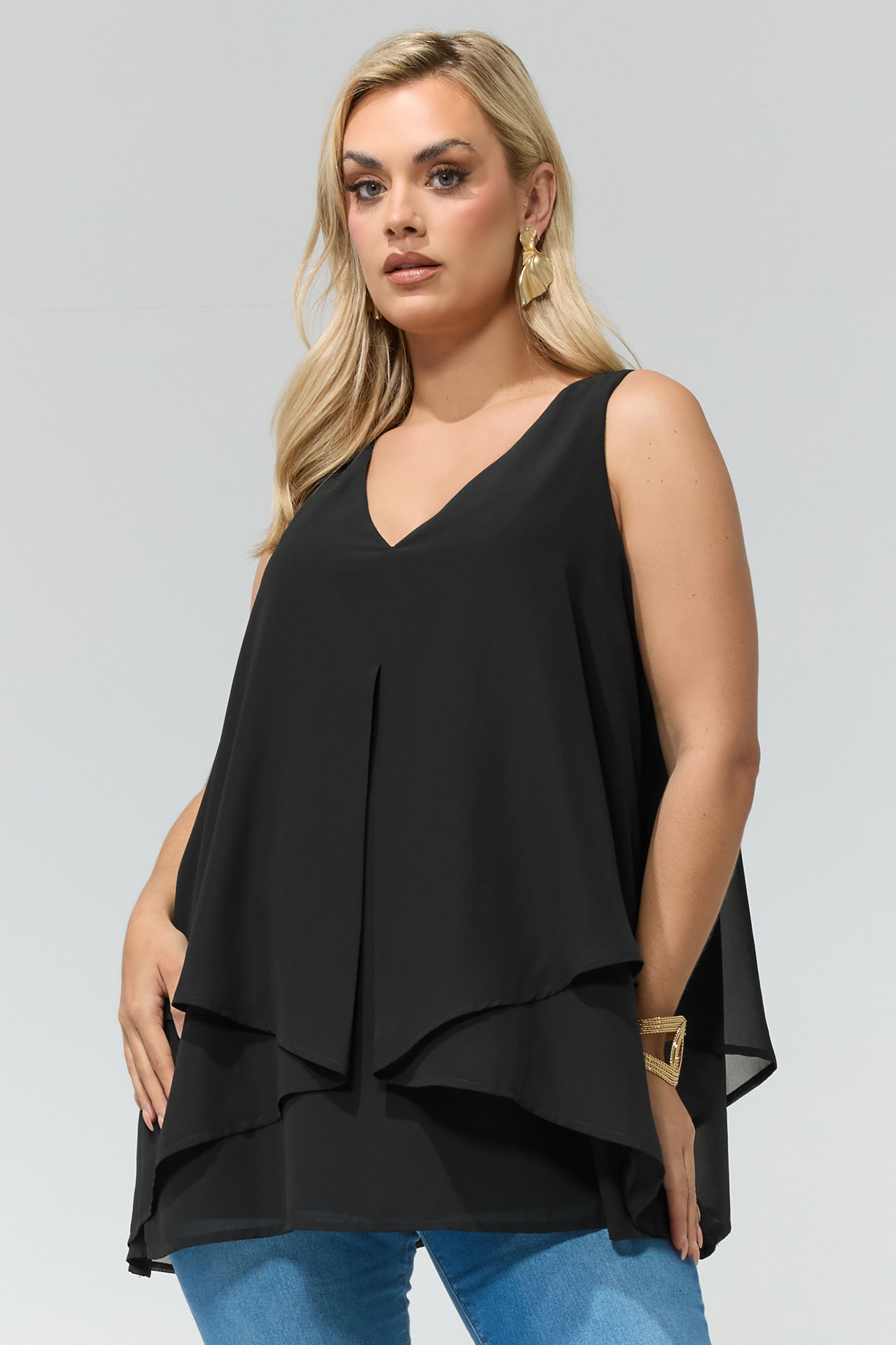 YOURS LONDON Plus Size Black Sleeveless Layered Blouse | Yours Clothing 3