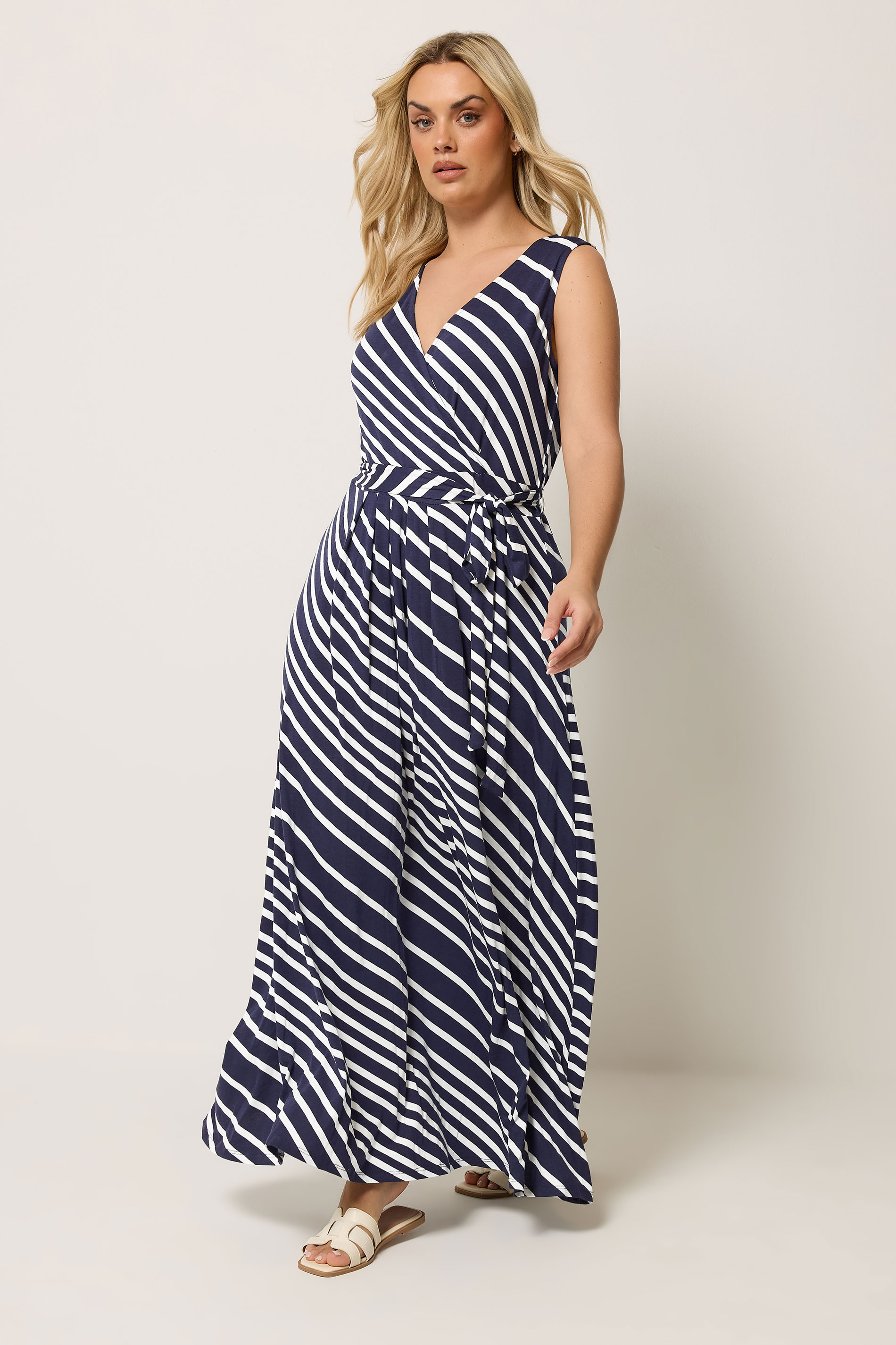 YOURS Plus Size Blue Strip Sleeveless Wrap Dress | Yours 3