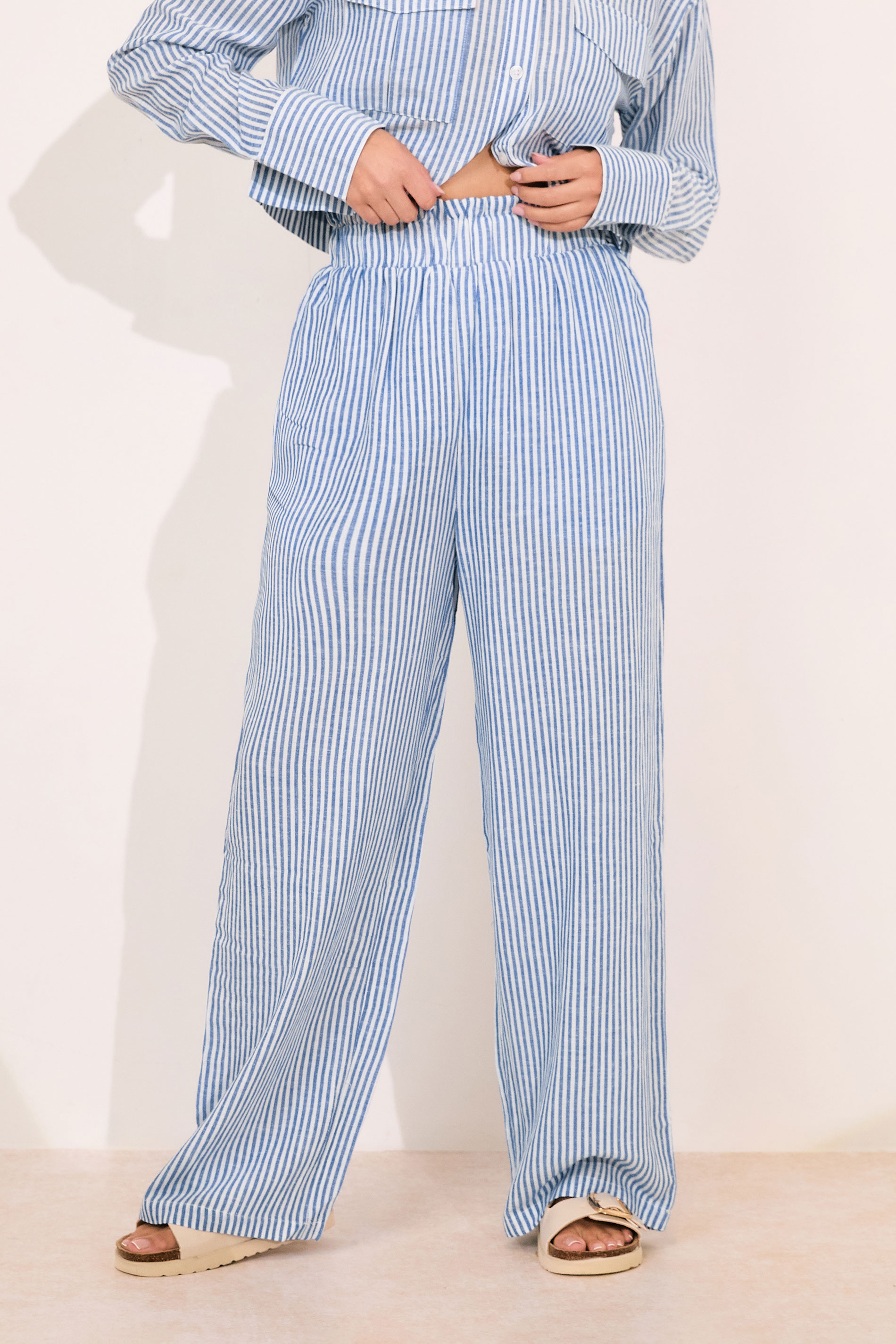 PixieGirl Petite Women's Blue Linen Striped Wide Leg Trousers | PixieGirl 1