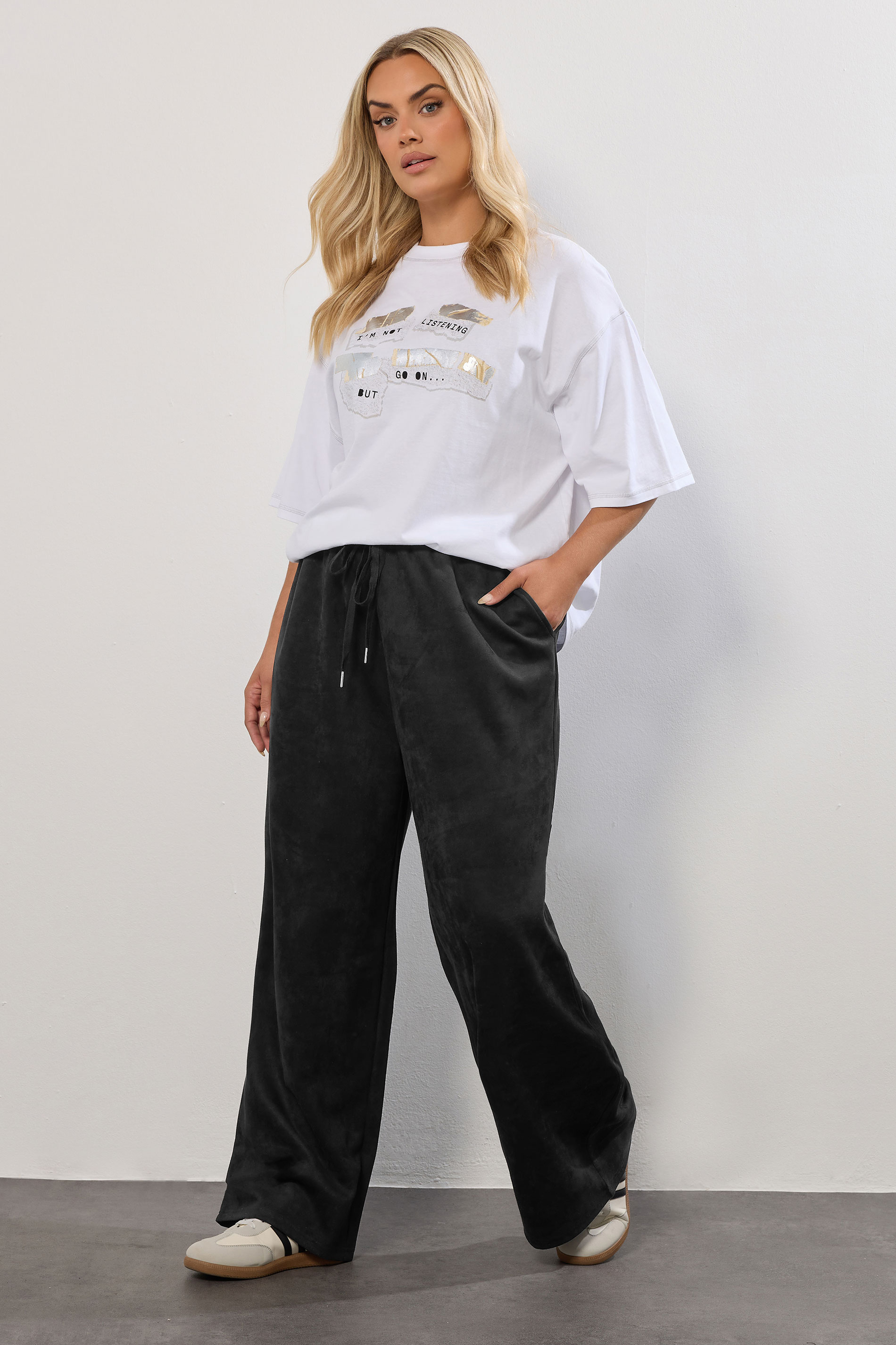 YOURS Plus Size Black Faux Suede Wide Leg Trousers | Yours Clothing 1