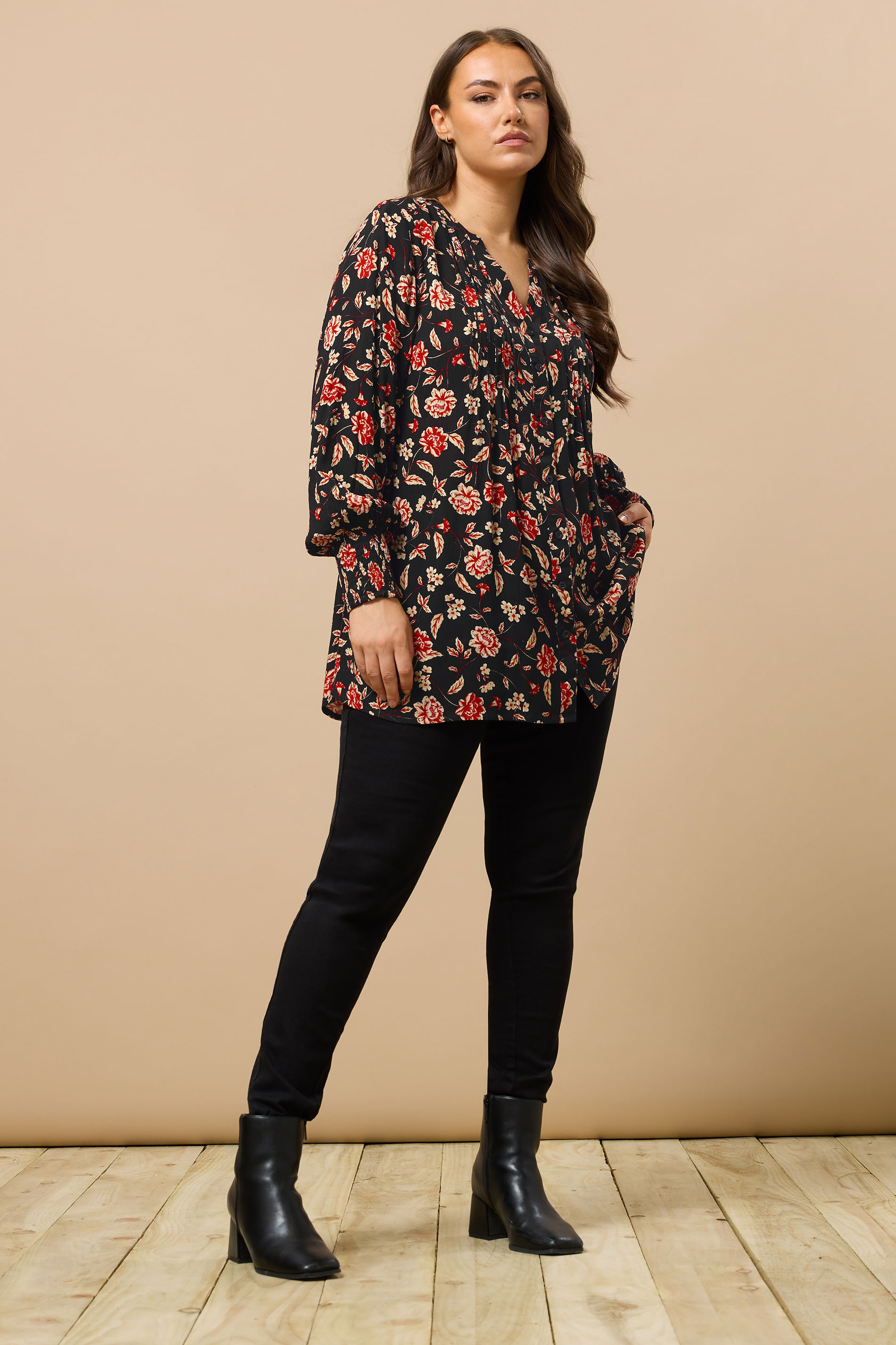 EVANS Plus Size Black & Red Floral Print Pintuck Blouse | Evans 1