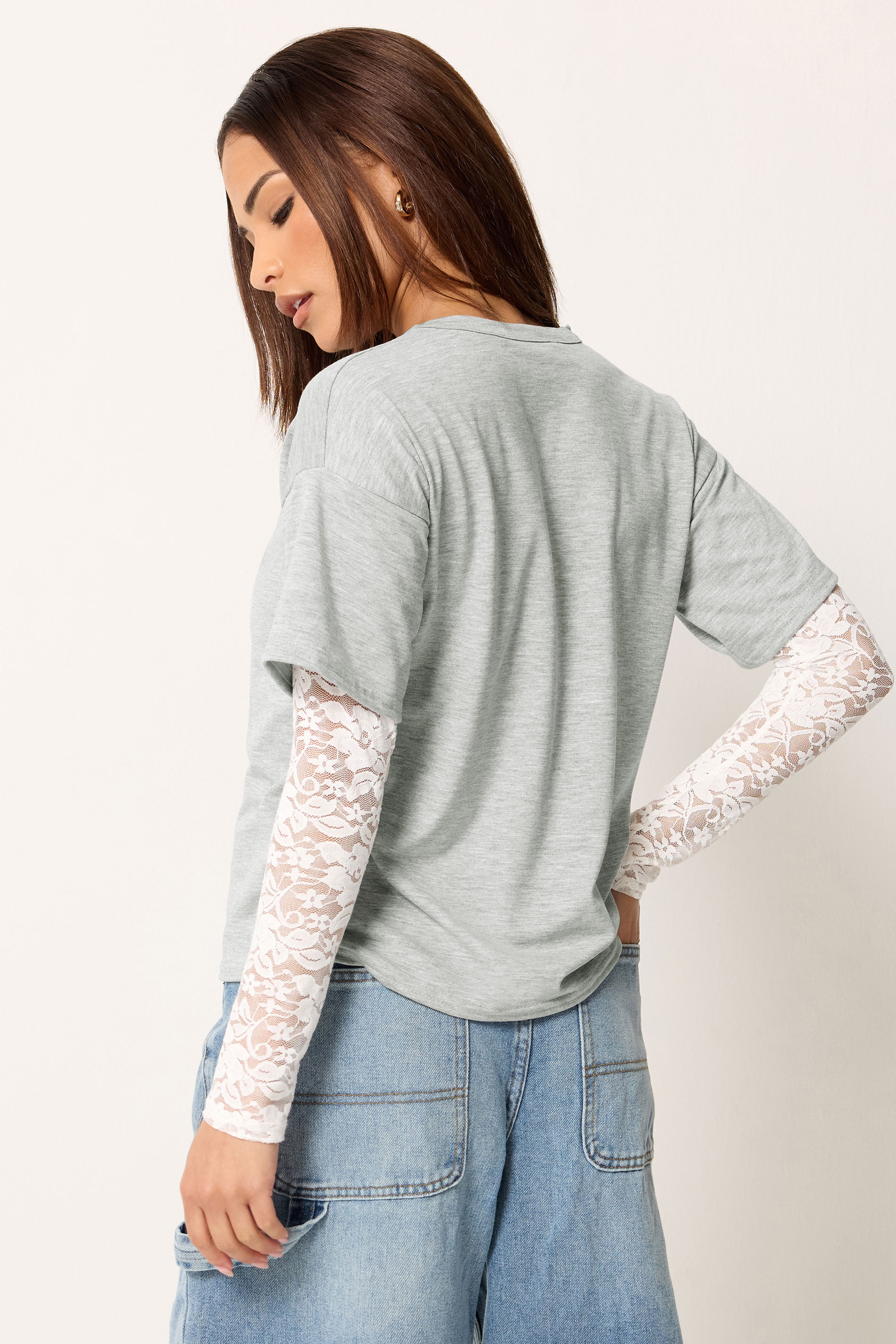 PixieGirl Petite Women's Grey & White Long Sleeve Lace T-Shirt | PixieGirl 2