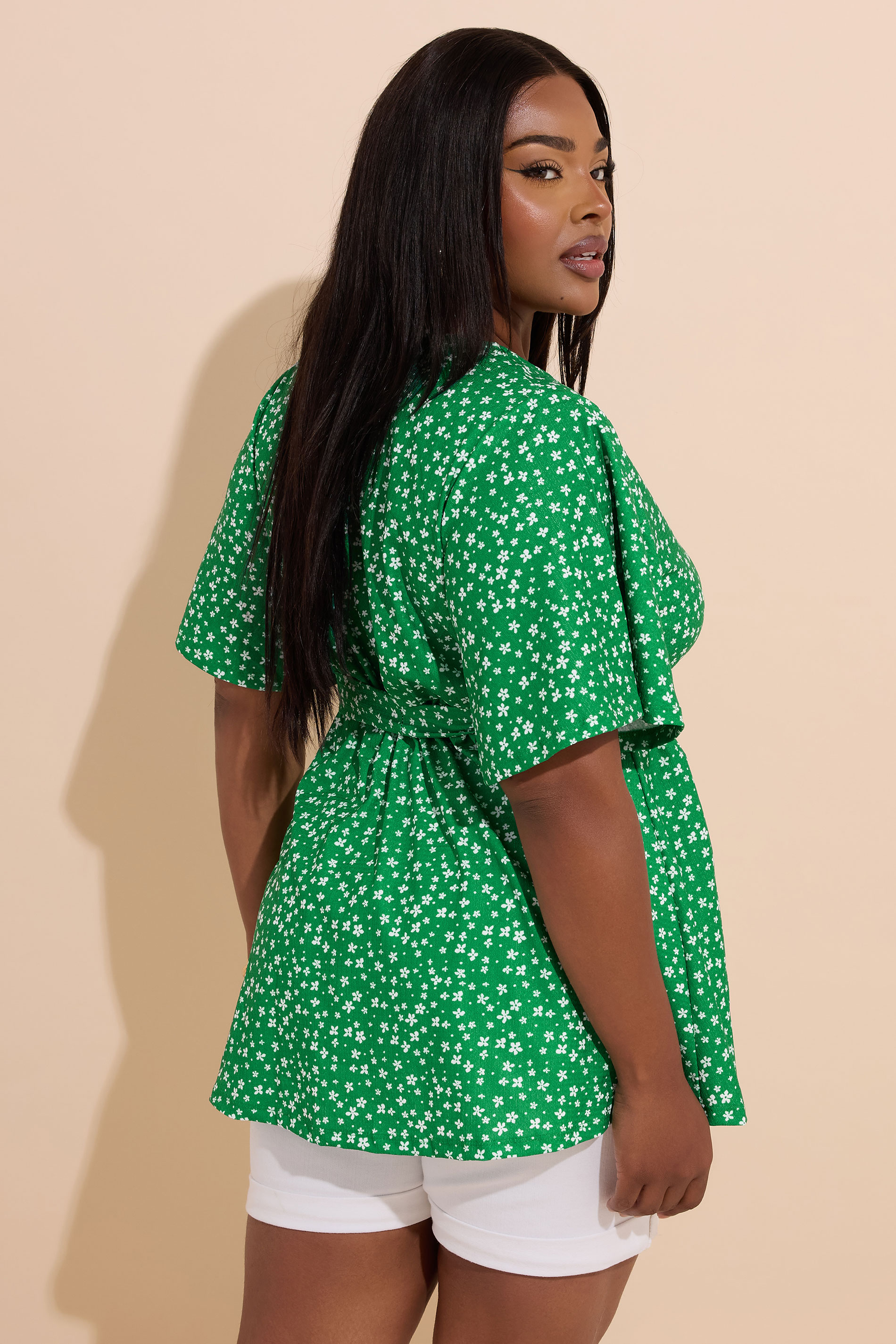 YOURS Plus Size Green Ditsy Floral Print Wrap Top | Yours Clothing 2