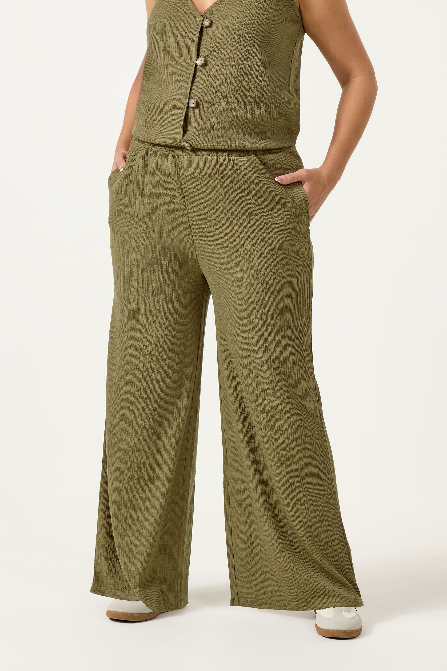 YOURS Plus Size Khaki Green Elasticated Waist Textured Trousers | Yours Clothing 1