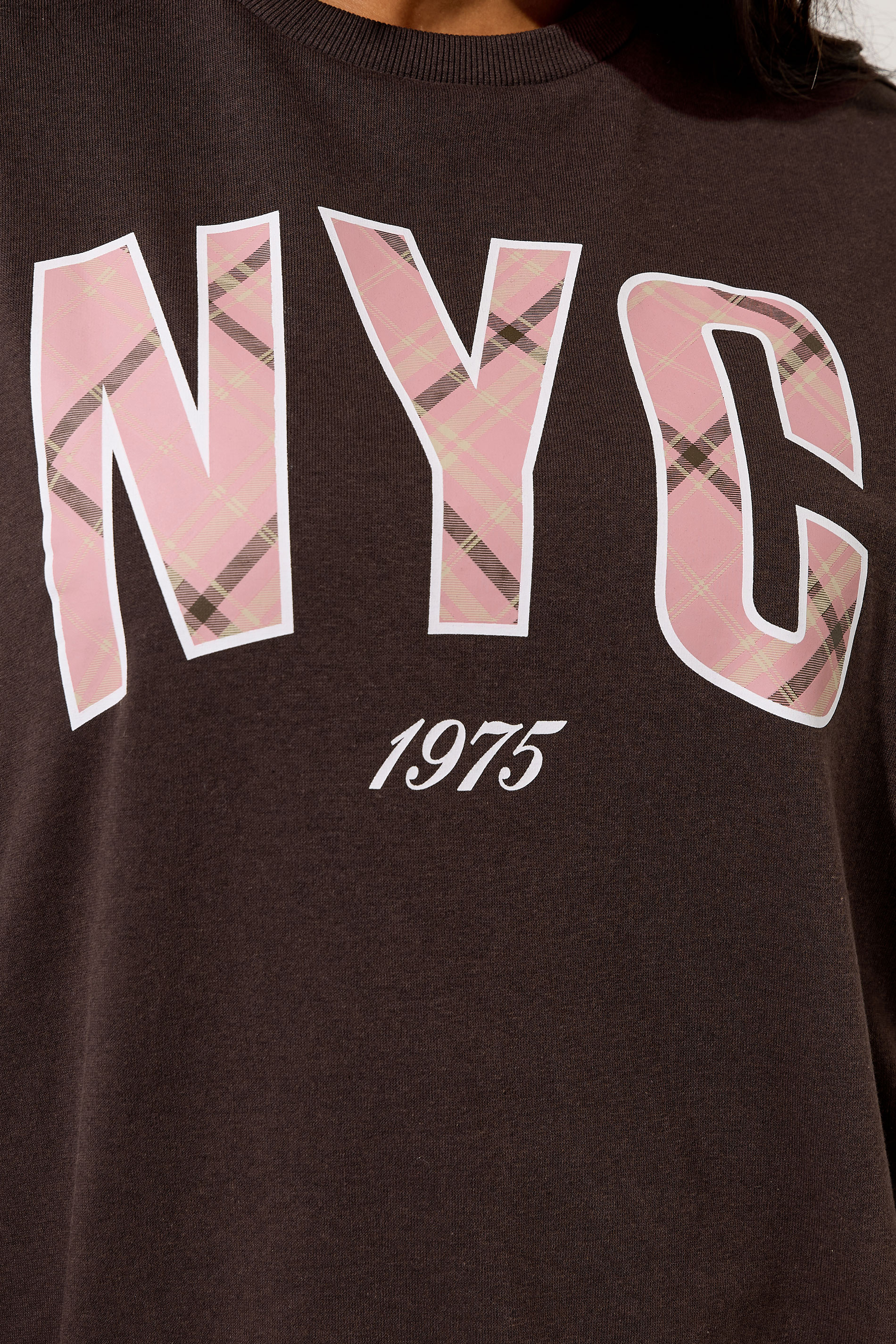 YOURS Plus Size Chocolate Brown 'NYC' Check Sweatshirt | Yours Clothing 4