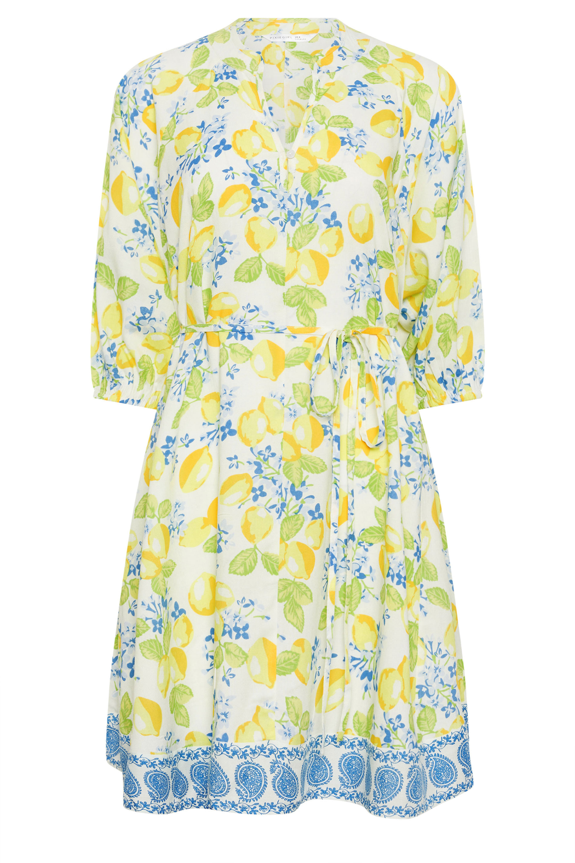 PixieGirl Petite Women's White Lemon Print Shirt Mini Dress | PixieGirl 5