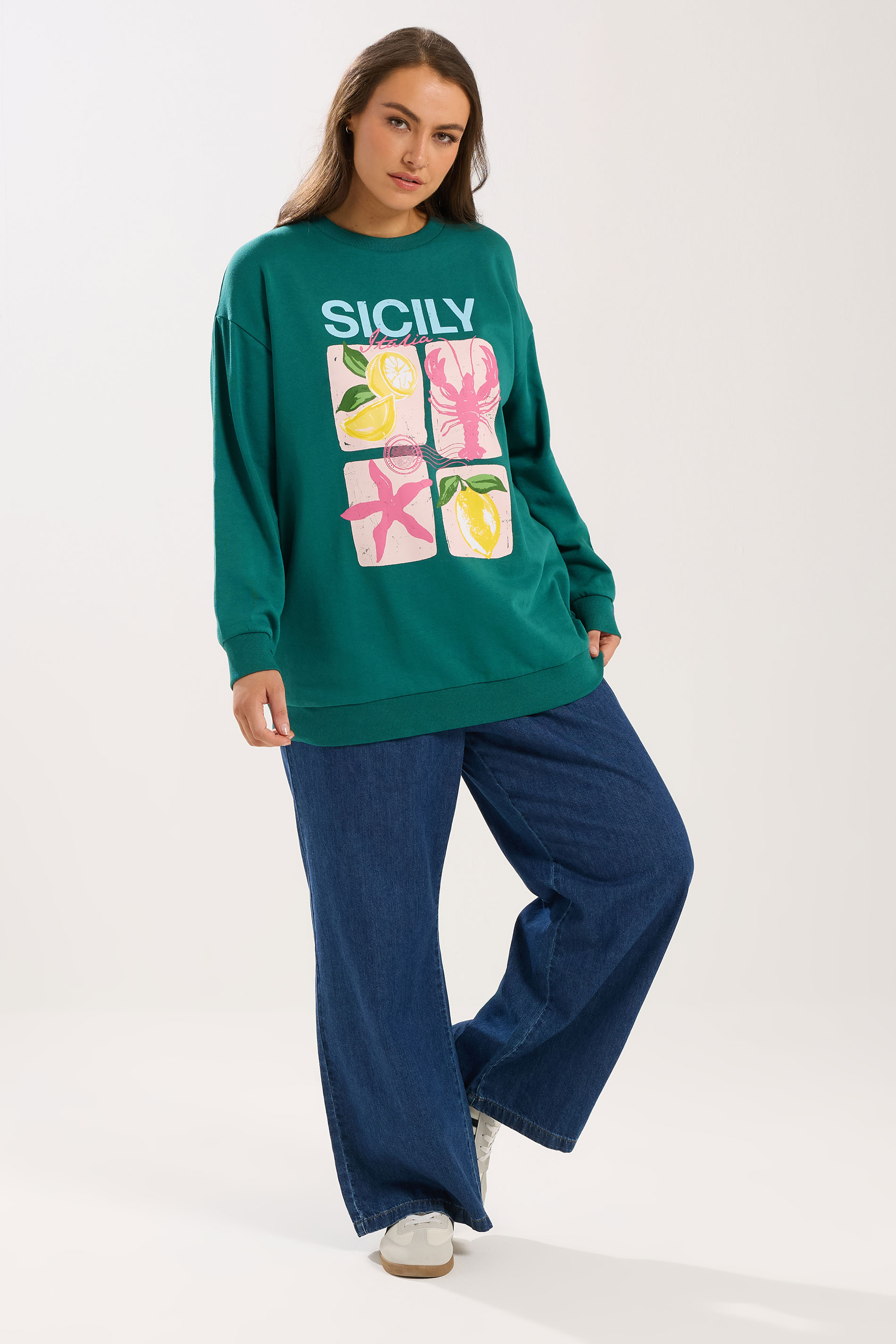 YOURS Plus Size Teal Green 'Sicily' Slogan Sweatshirt | Yours Clothing 1