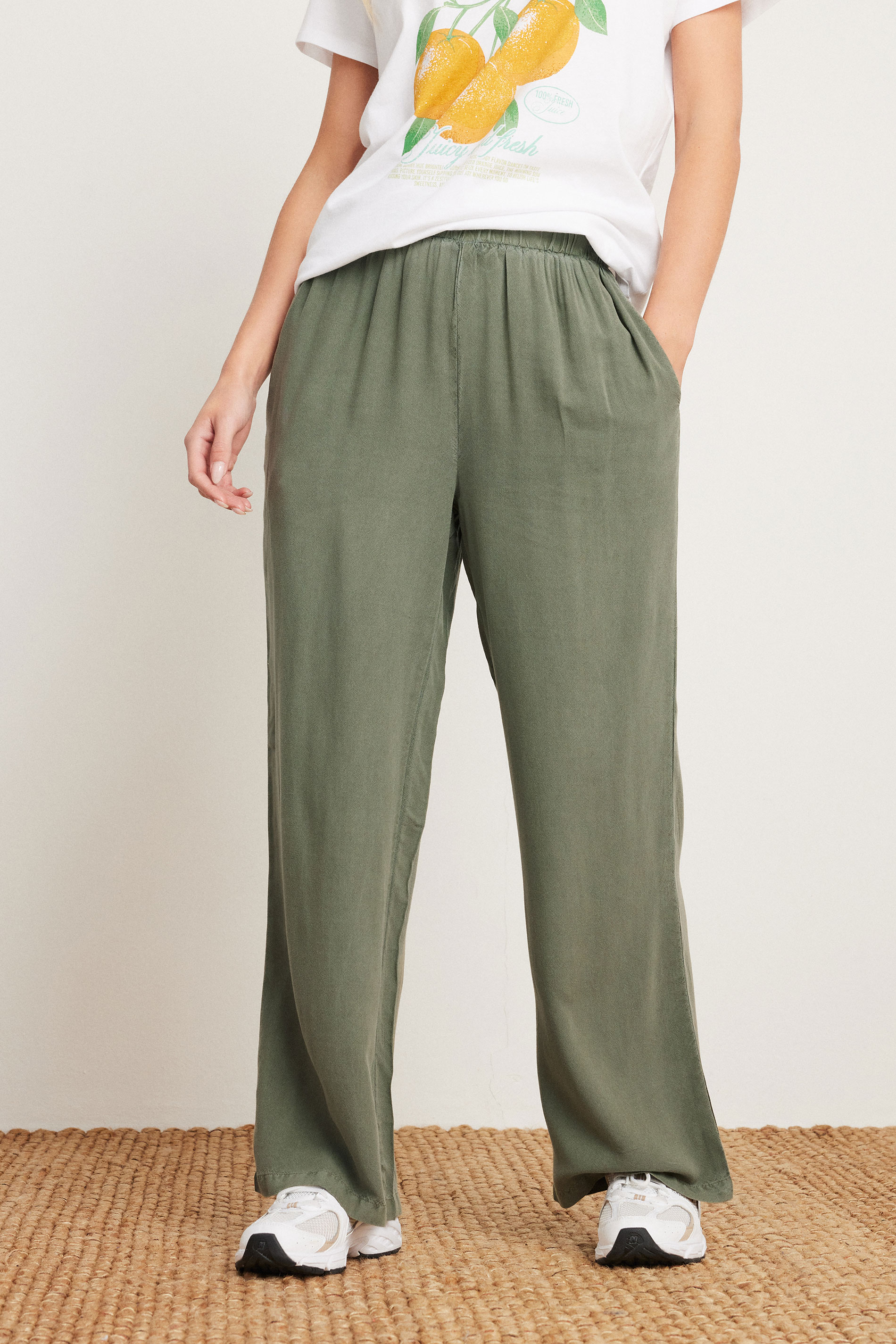 PixieGirl Petite Women's Khaki Green Acid Wash Wide Leg Trousers | PixieGirl 2