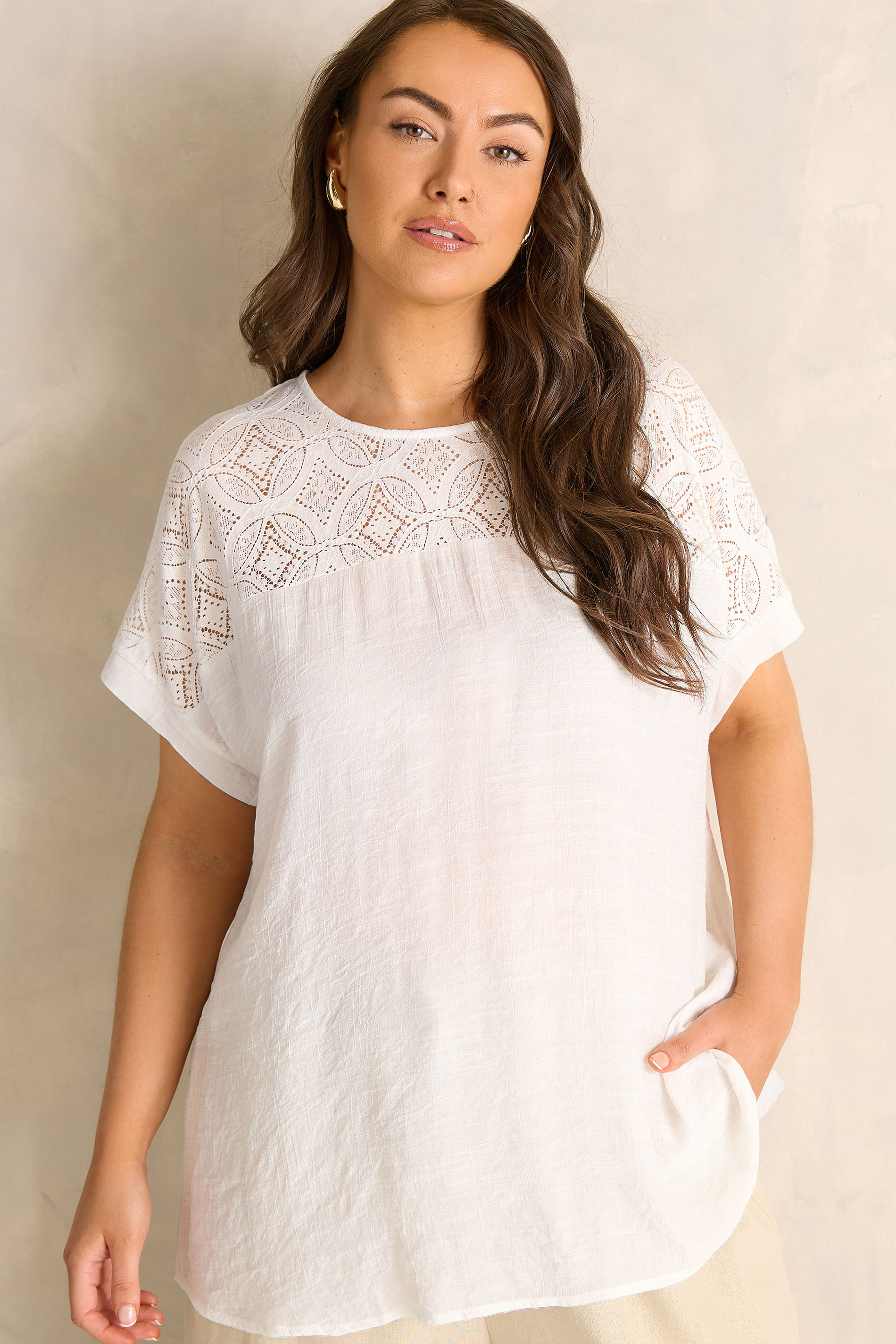 EVANS Plus Size White Lace Detail Short Sleeve Top | Evans  3