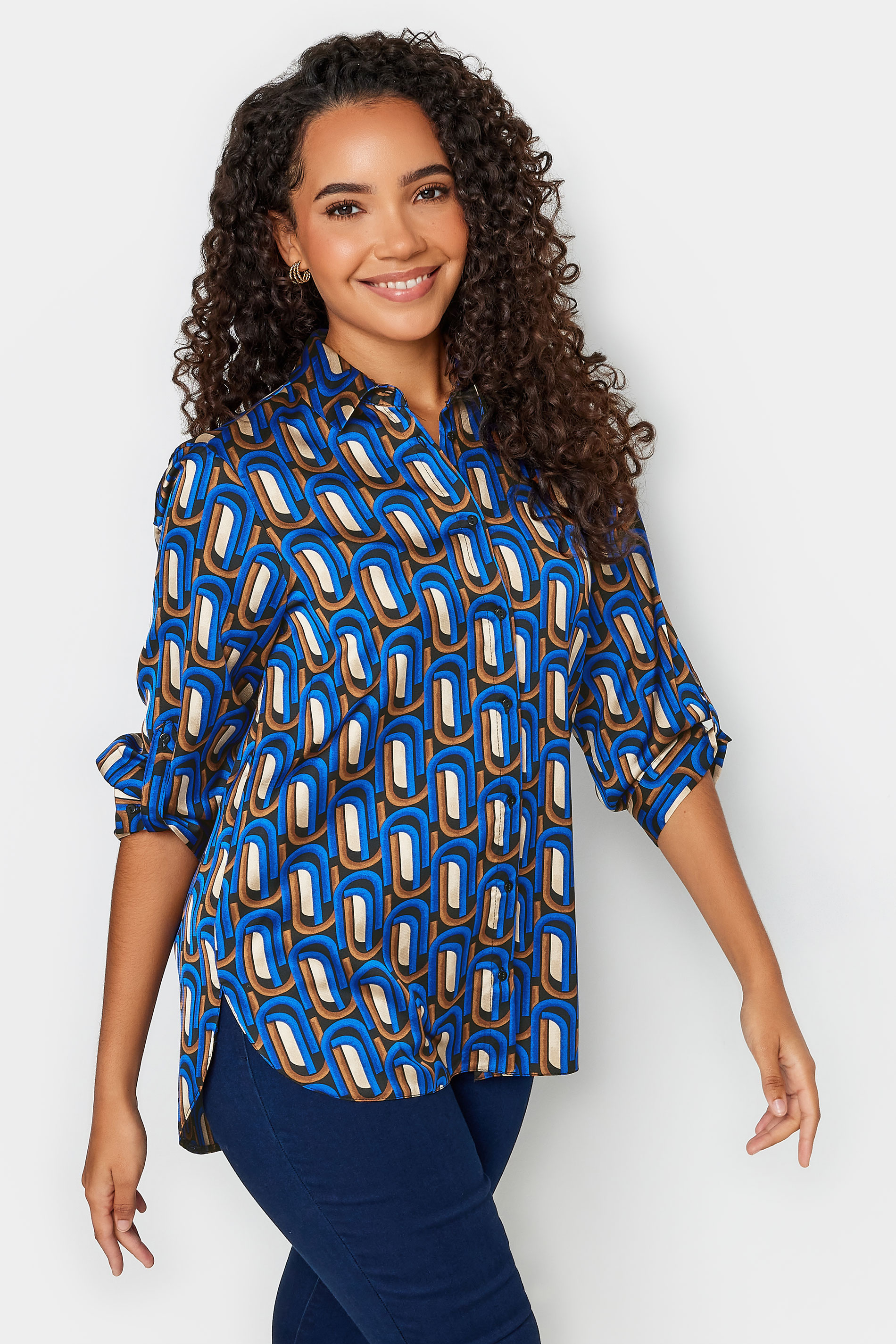 M&Co Blue Geometric Print Tab Sleeve Shirt | M&Co 1