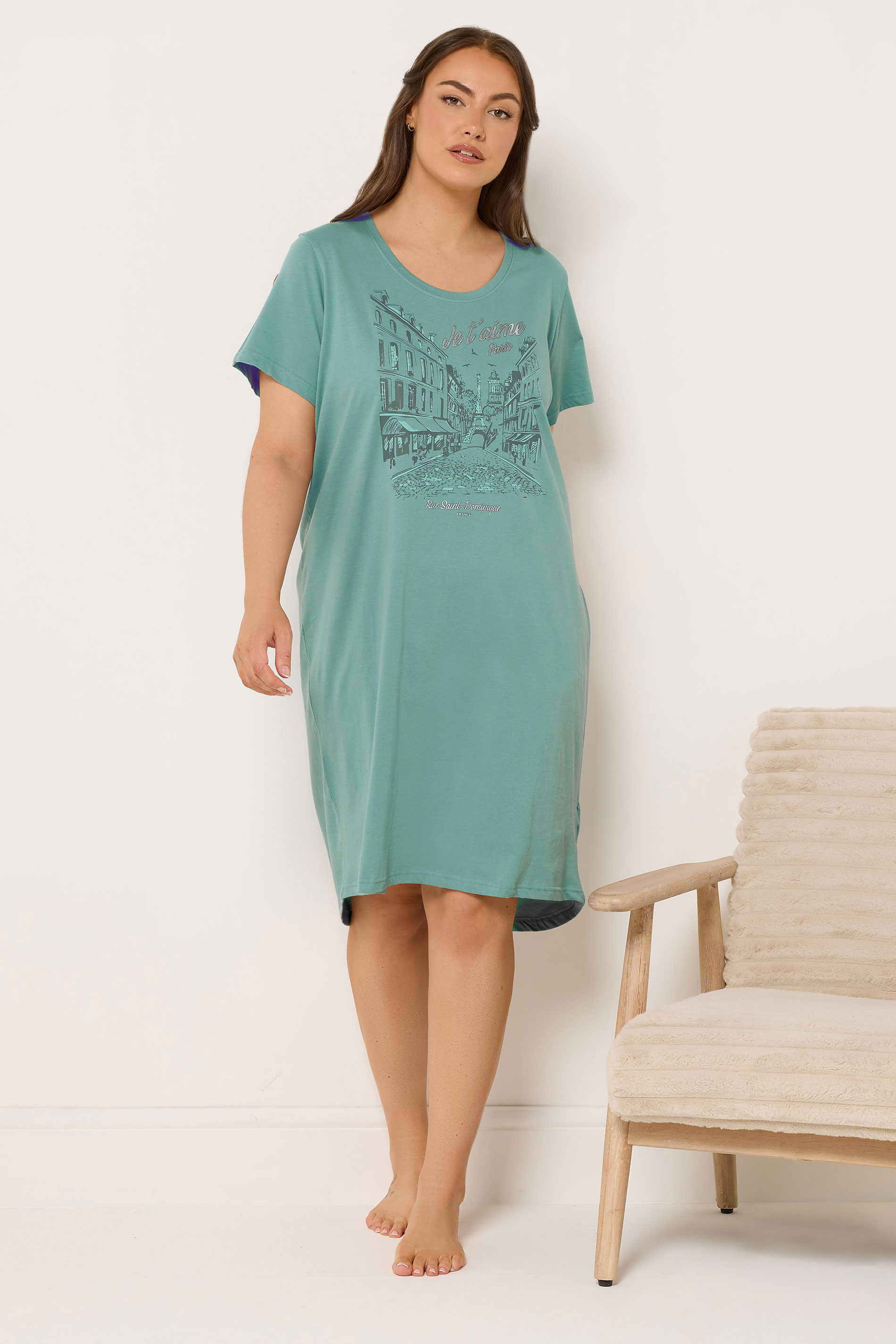 YOURSET Plus Size 2 PACK Green Paris Scene Nightdresses | Yours Clothing 5