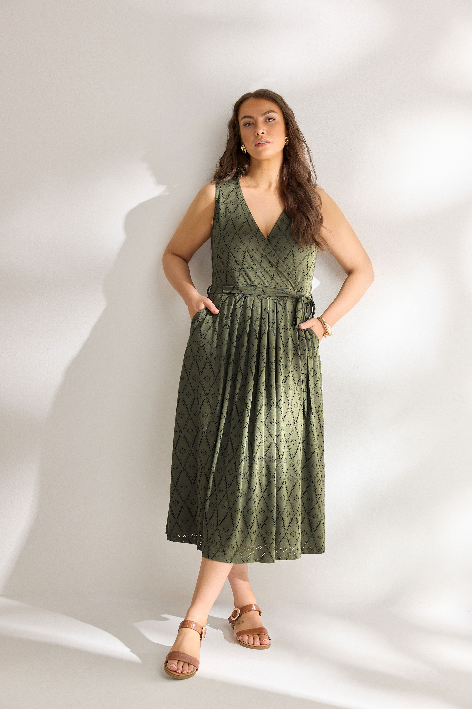EVANS Plus Size Khaki Green Broderie Wrap Midi Dress | Evans 3