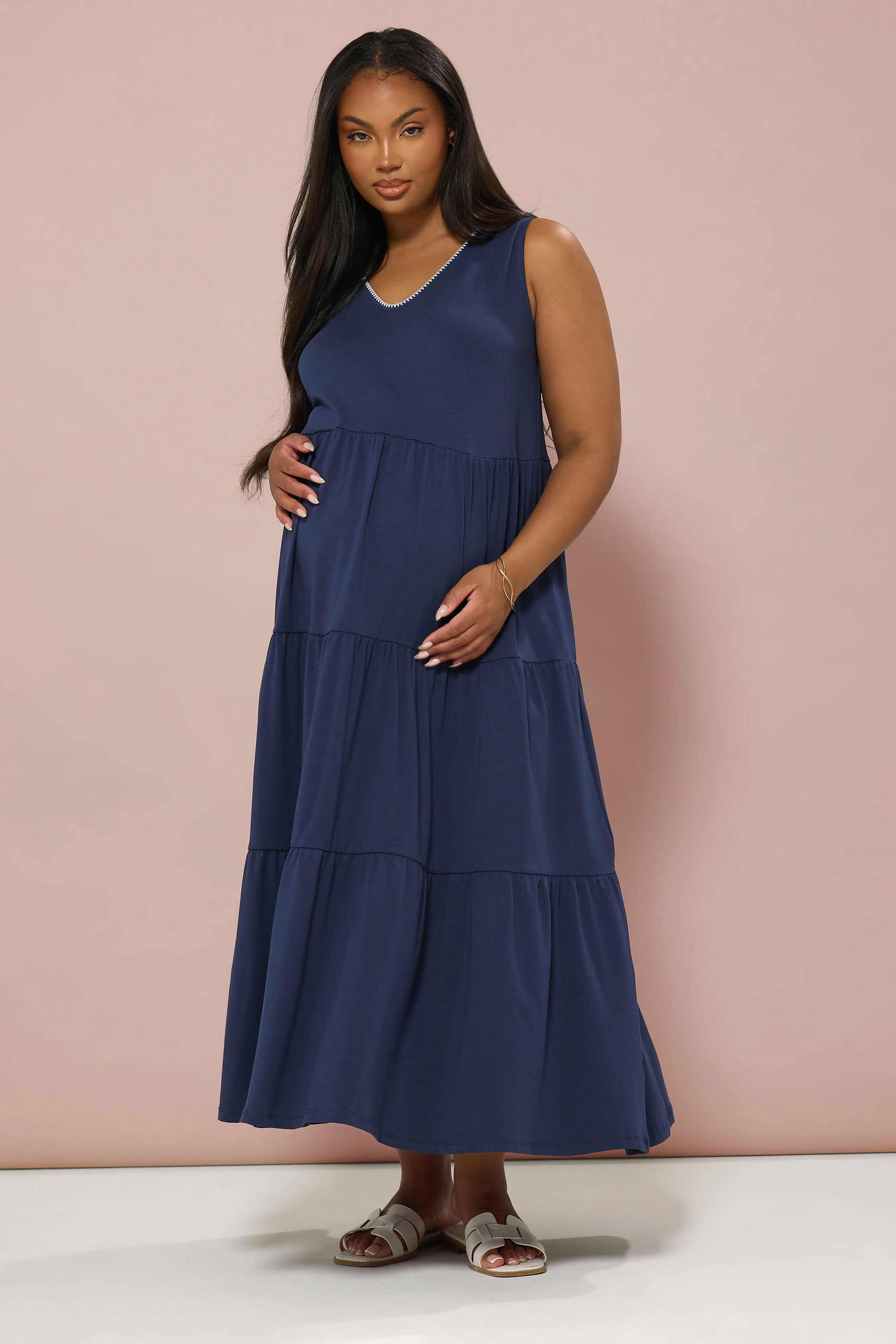 BUMP IT UP MATERNITY Plus Size Navy Blue Blanket Stitch Tiered Maxi Dress | Yours Clothing 3